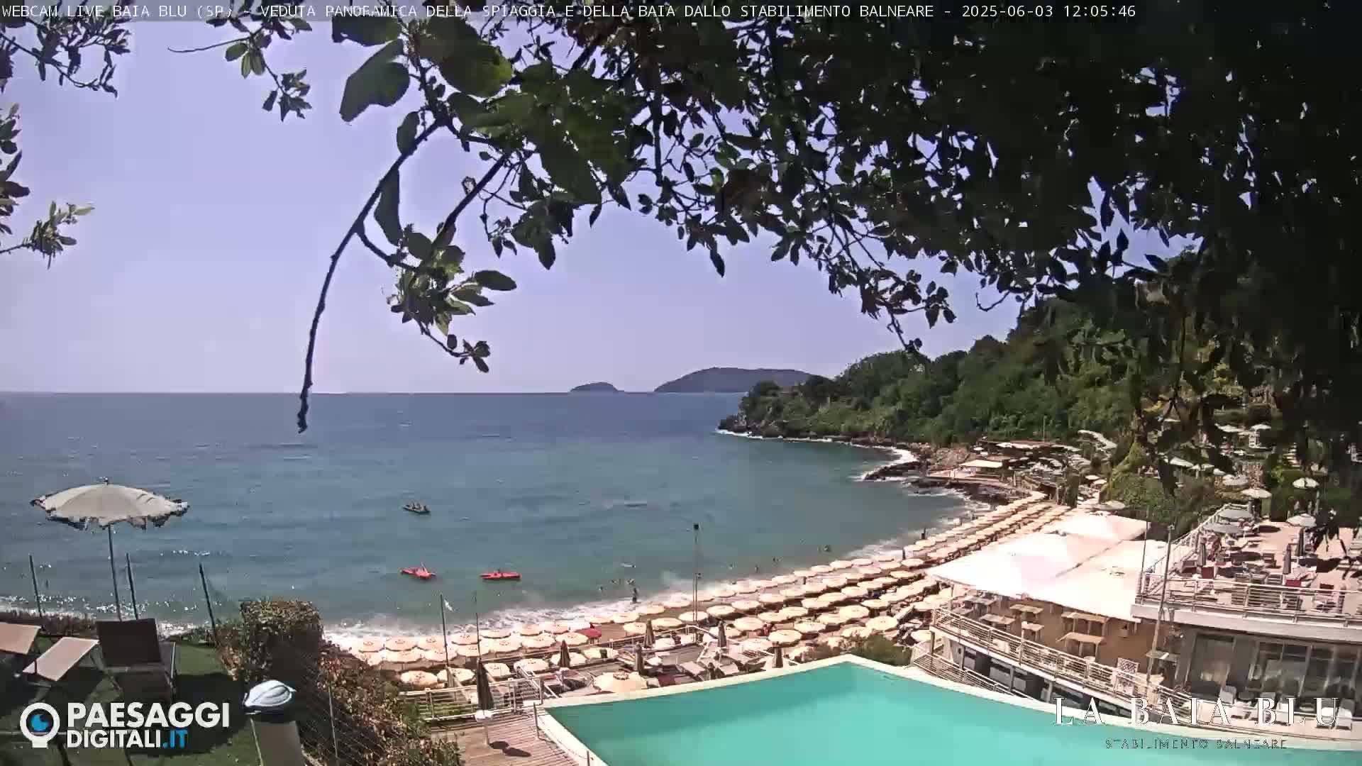 A sunny day at a beach, with numerous umbrellas and people on the sand, a calm sea with small boats, and a swimming pool overlooking the scene.
