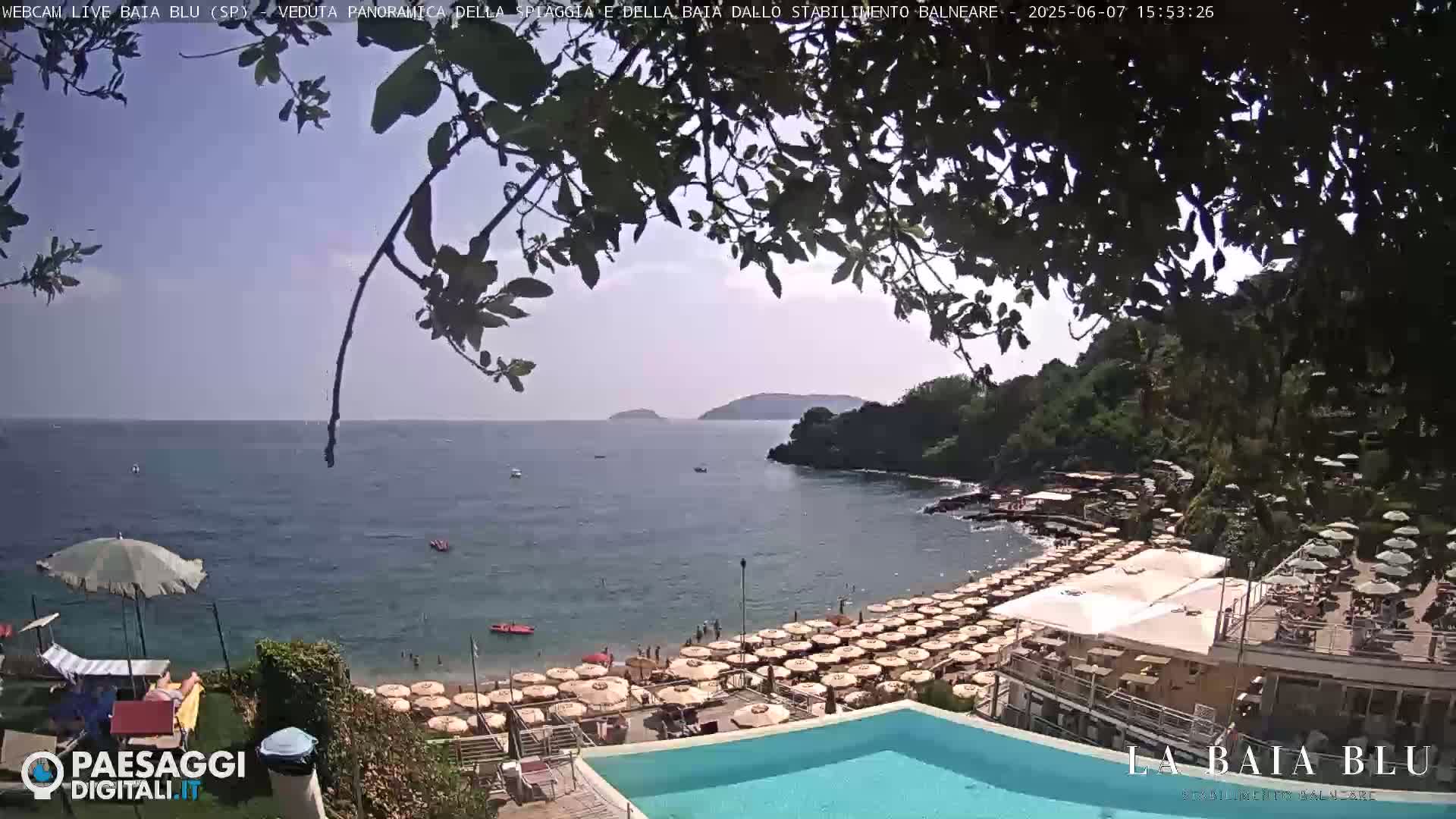 A sunny beach with numerous umbrellas and a swimming pool overlooks a calm bay under a partly cloudy sky.