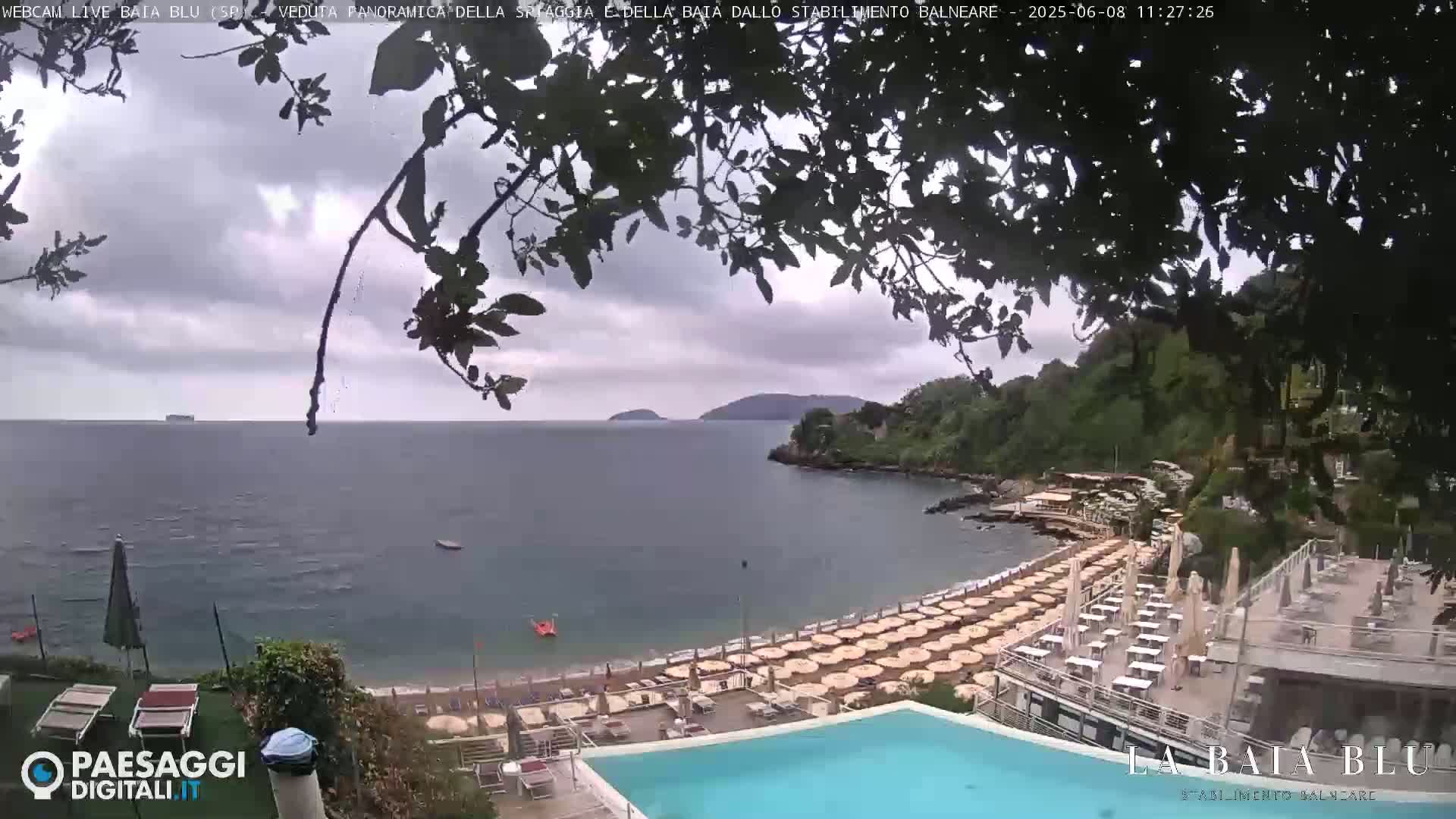 An overcast day at a beach club overlooking a calm bay, with numerous umbrellas and lounge chairs arranged on a sandy beach next to a swimming pool.