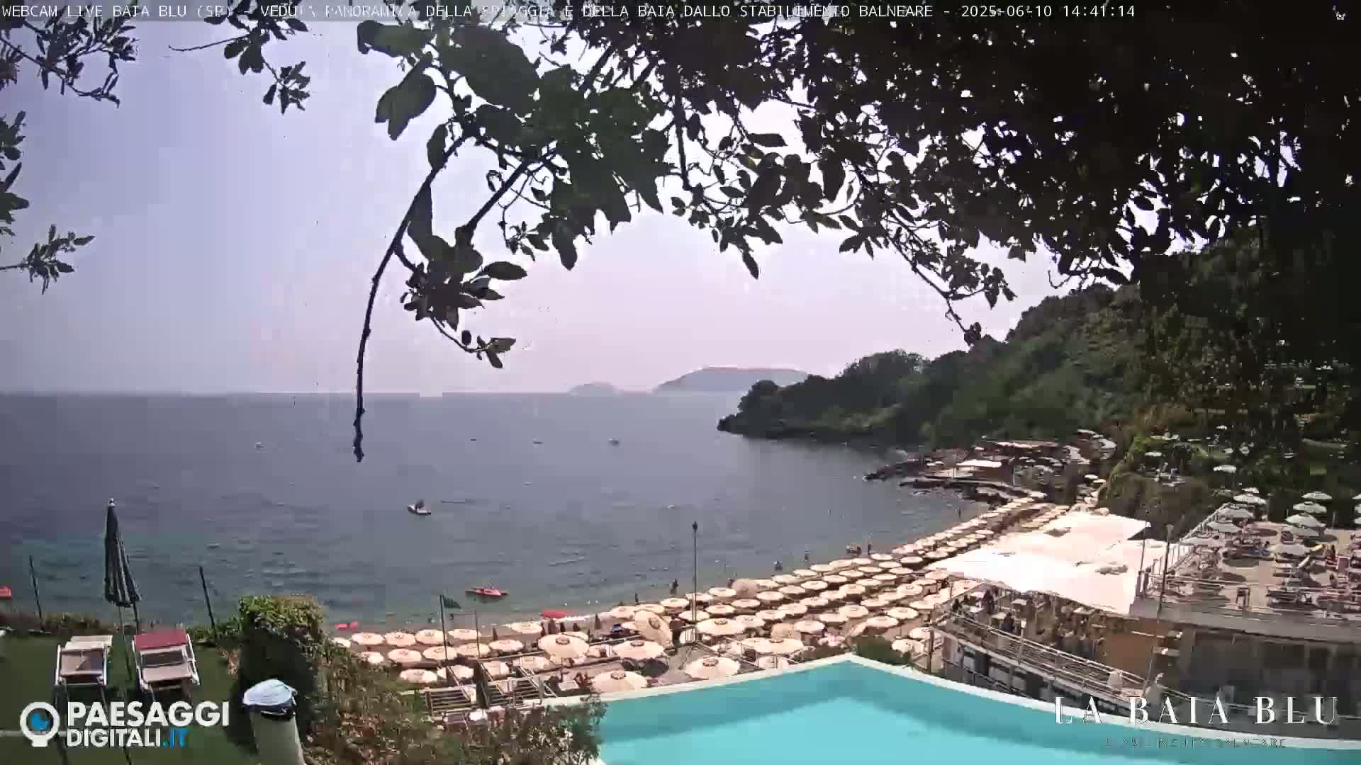 A beach with numerous tan umbrellas and a swimming pool is partially obscured by tree branches under a partly cloudy sky, overlooking a calm sea.