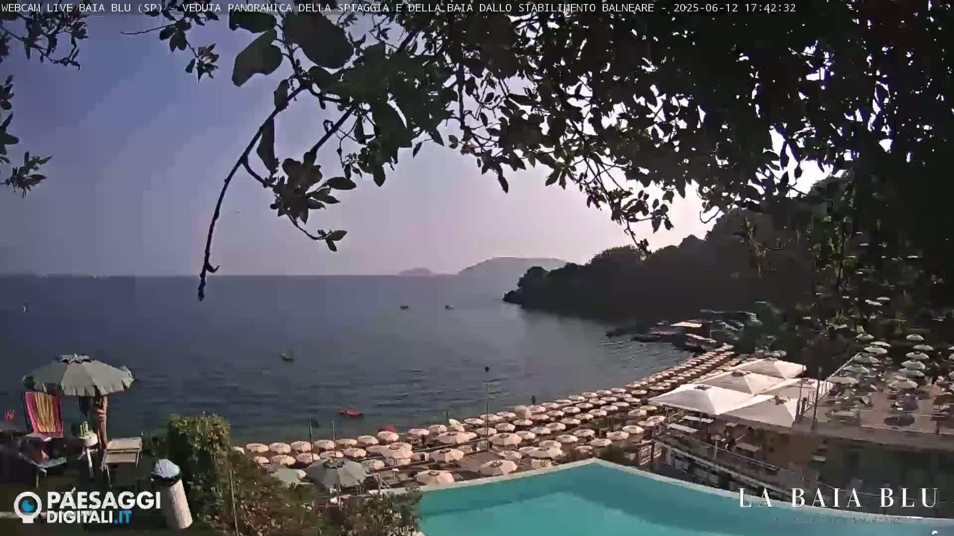A beach with many umbrellas and a swimming pool is seen from above, overlooking a calm bay under a mostly clear sky.