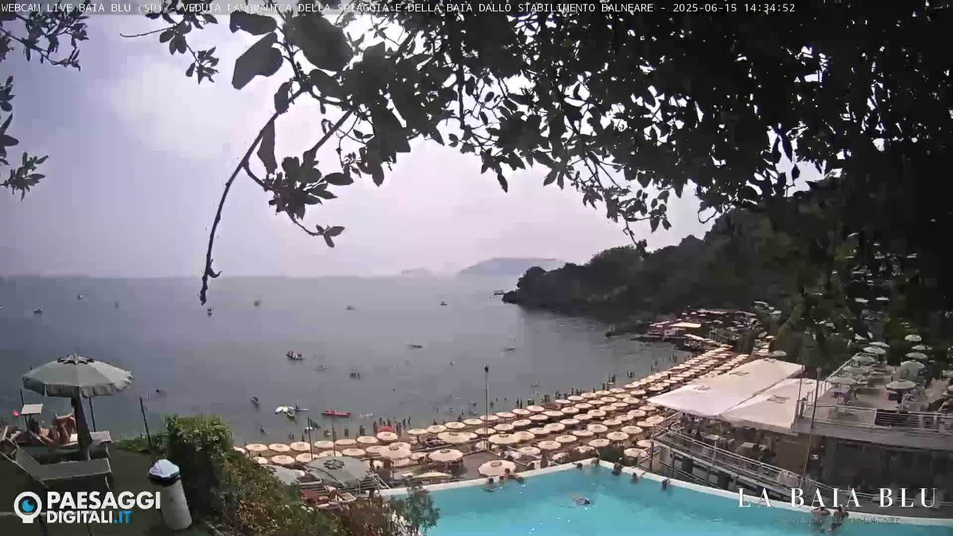 An overcast day at a beach club, showing a swimming pool, many beach umbrellas, and a calm sea with boats.