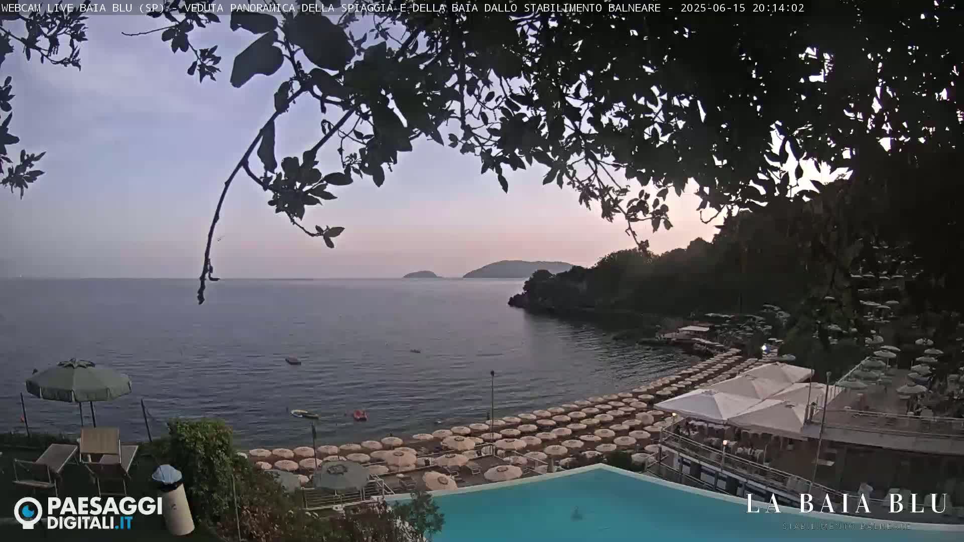 A tranquil beach scene at dusk shows a calm sea, numerous closed umbrellas on the sand, a swimming pool, and overhanging tree branches.