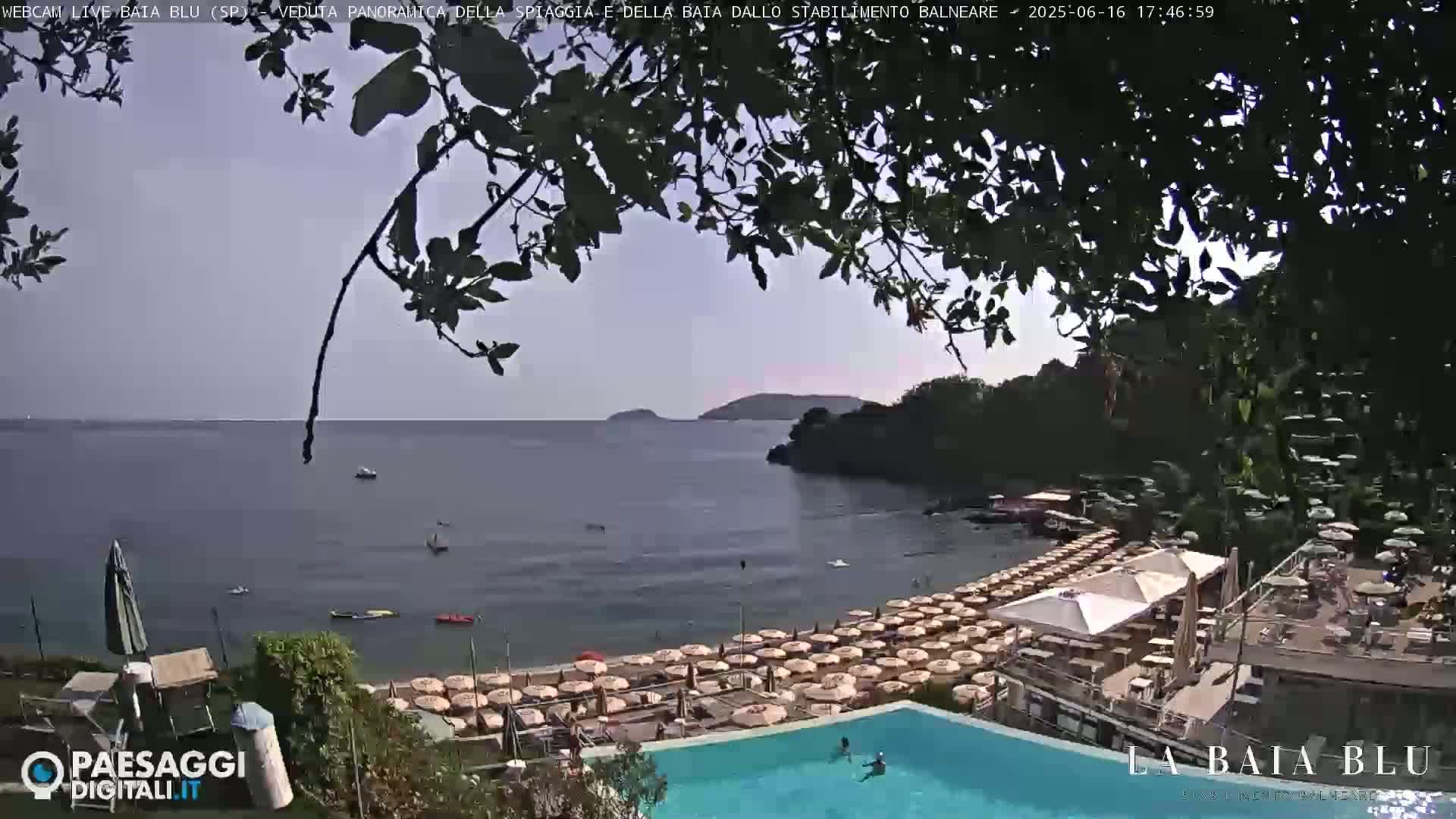 A partly sunny day overlooks a calm bay with a beach full of umbrellas and a swimming pool; the view is partially obscured by tree branches.