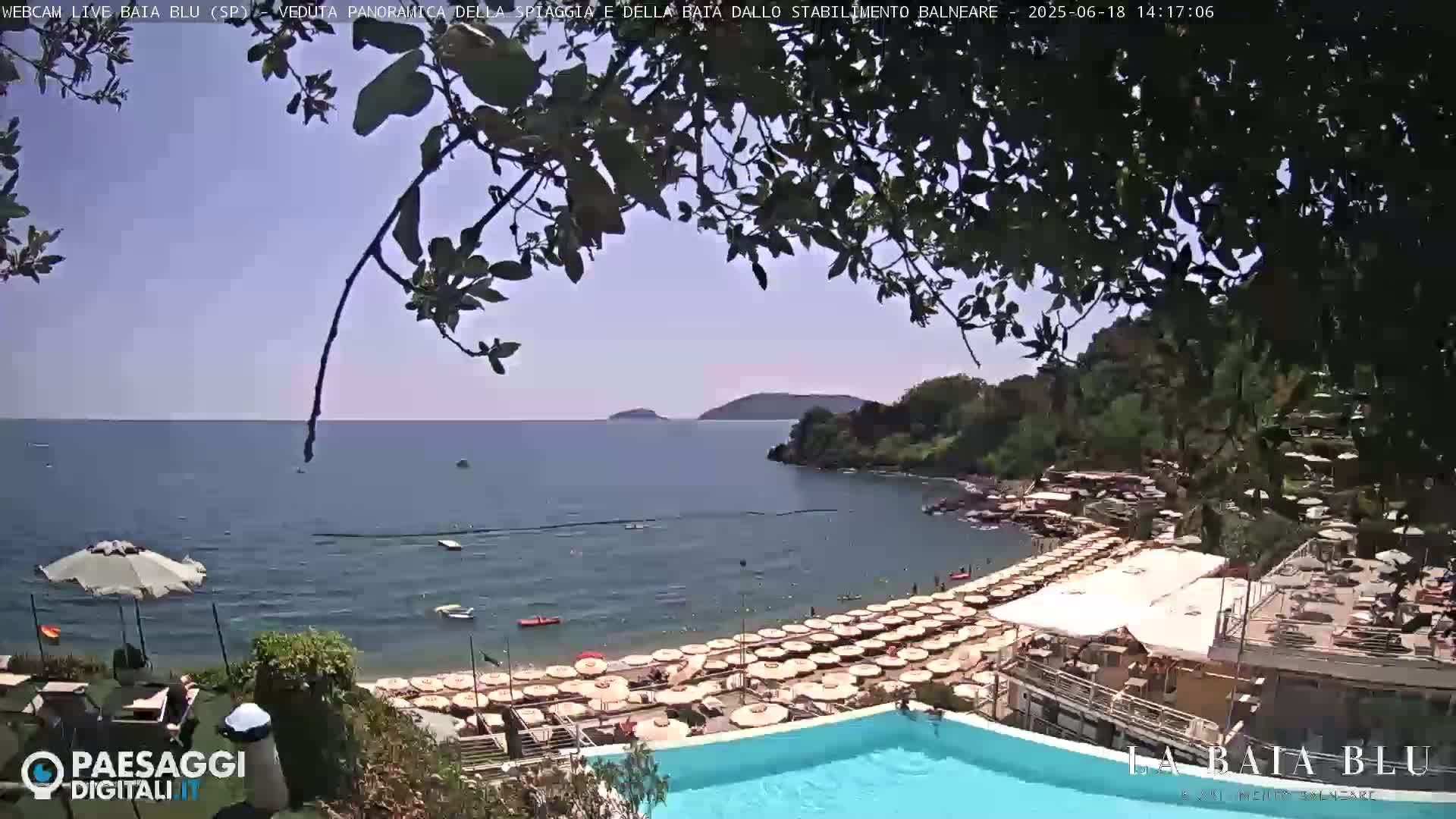 A beach with numerous umbrellas and a swimming pool overlooks a calm bay on a sunny day.