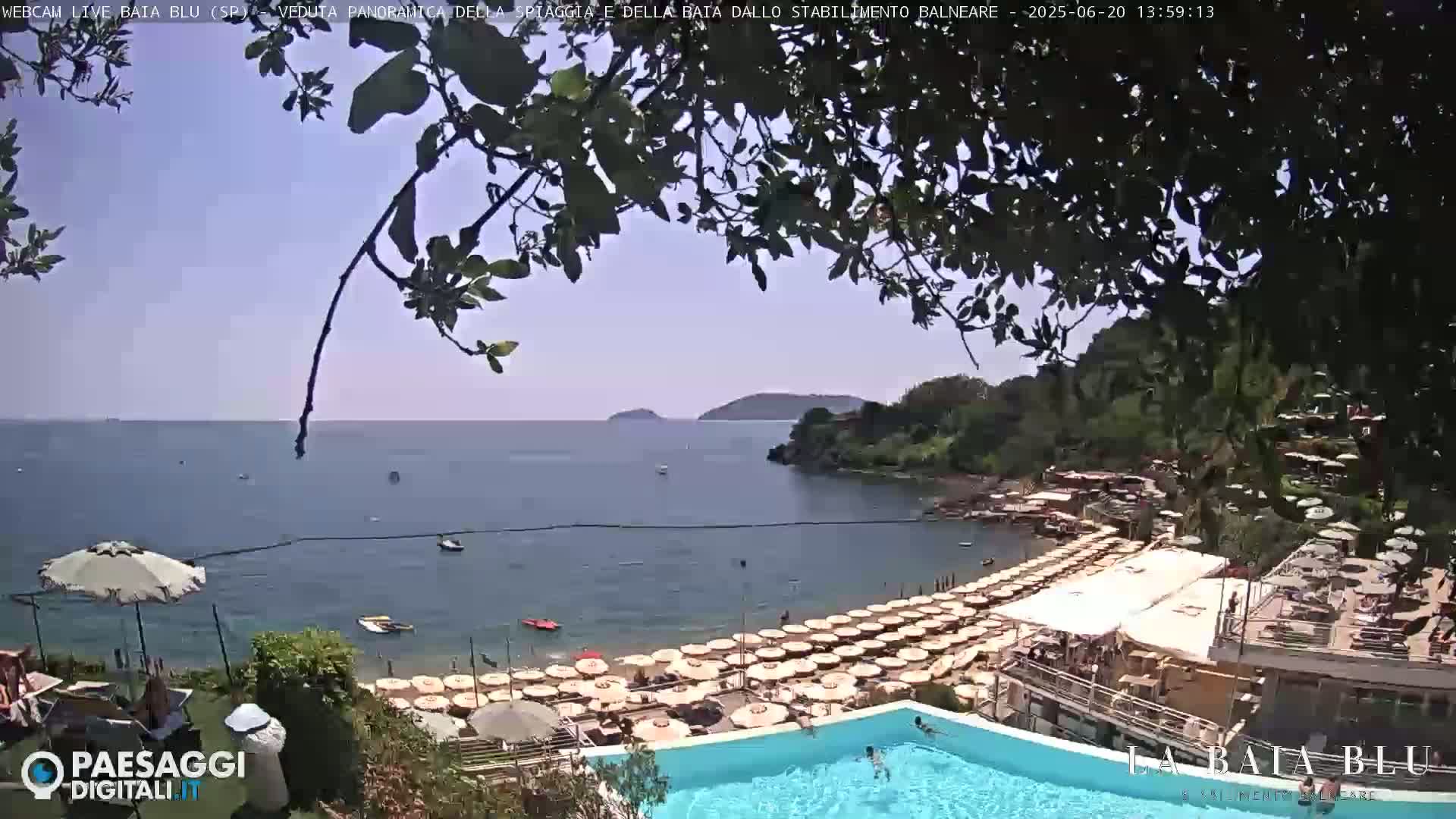 A partly sunny day at a beachside resort shows a calm bay with numerous beach umbrellas, a swimming pool, and some people swimming.