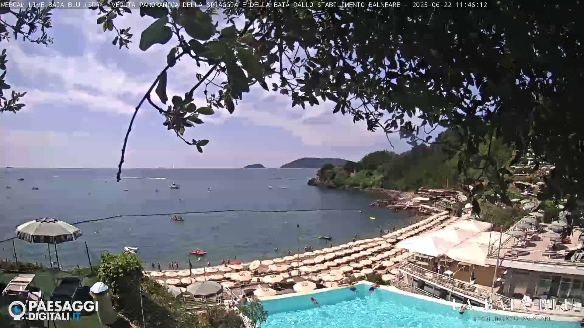 A partly cloudy day shows a beach with numerous umbrellas and a swimming pool, overlooking a calm bay with boats and a distant coastline.