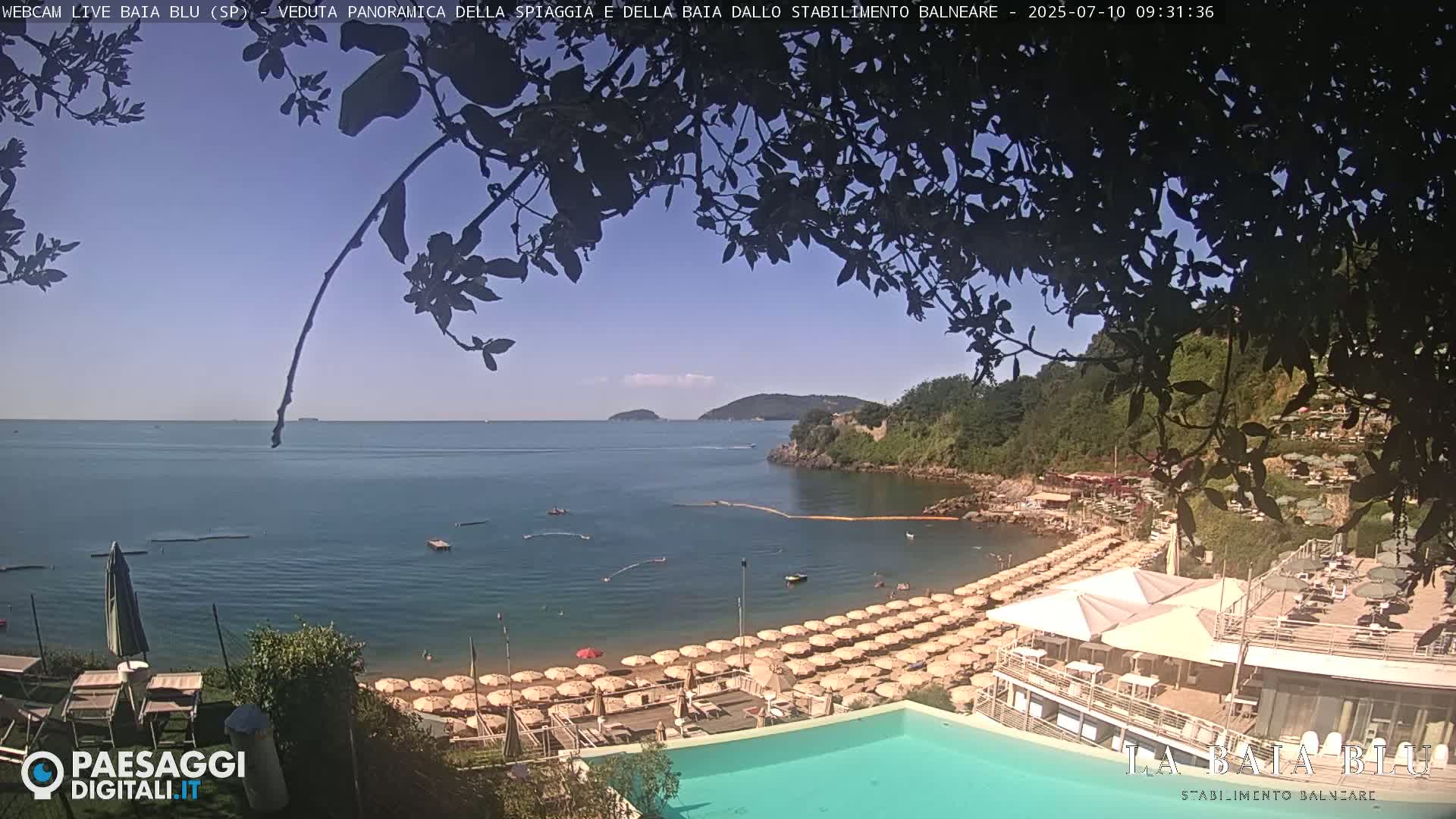 A beach with numerous umbrellas and a swimming pool is seen from above, partially obscured by tree branches, on a sunny day with calm, clear water.