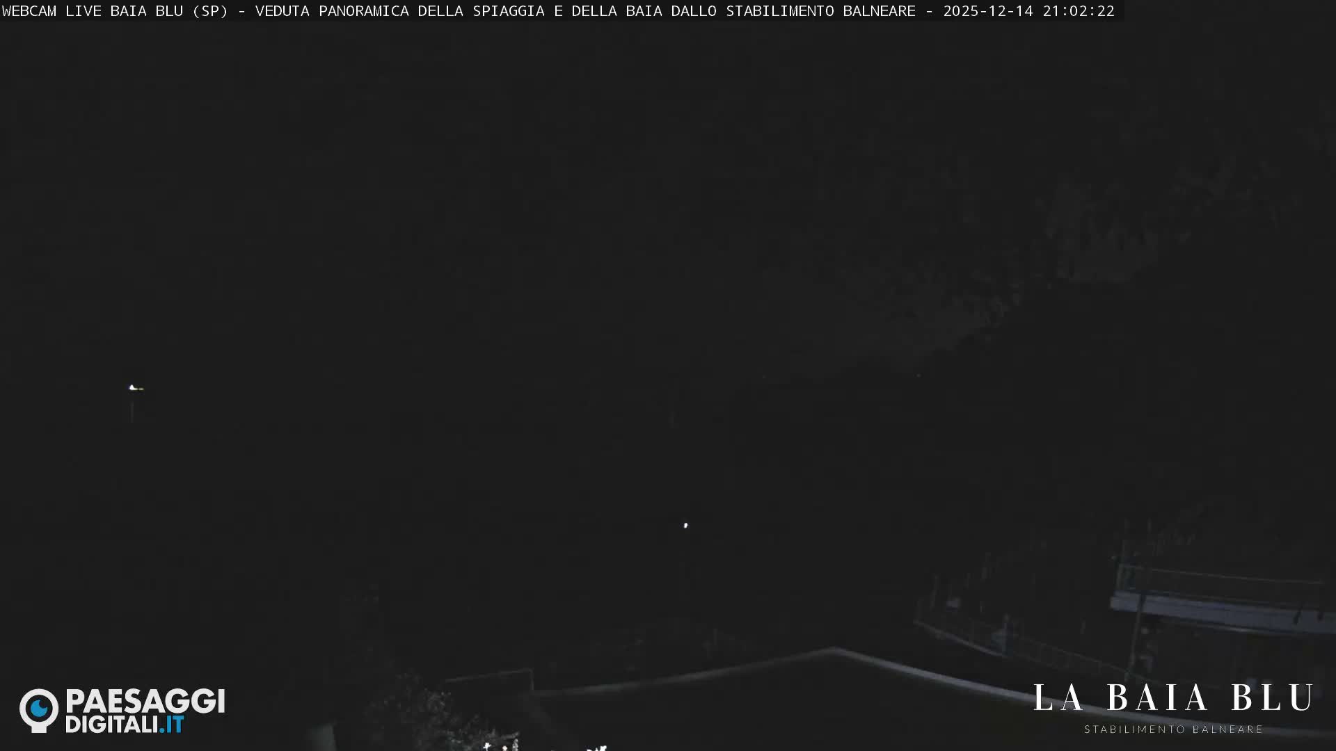 A panoramic view of a cloudy bay reveals a sandy beach with gentle waves, various structures along the shore, and a lush, treelined headland under an overcast sky, all framed by dark silhouetted tree branches.