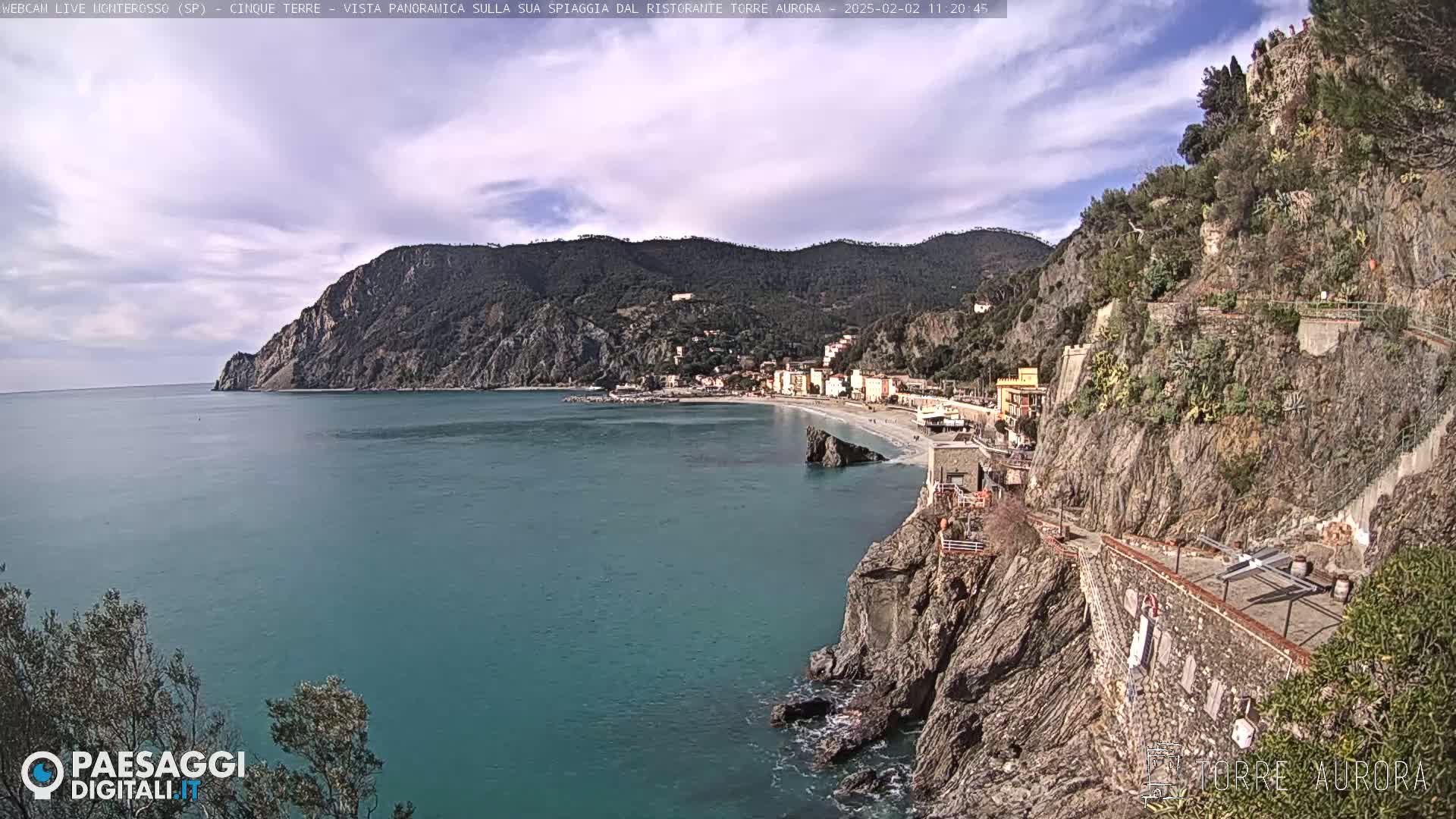 A coastal town nestled between steep cliffs and a calm, teal sea under a partly cloudy sky.