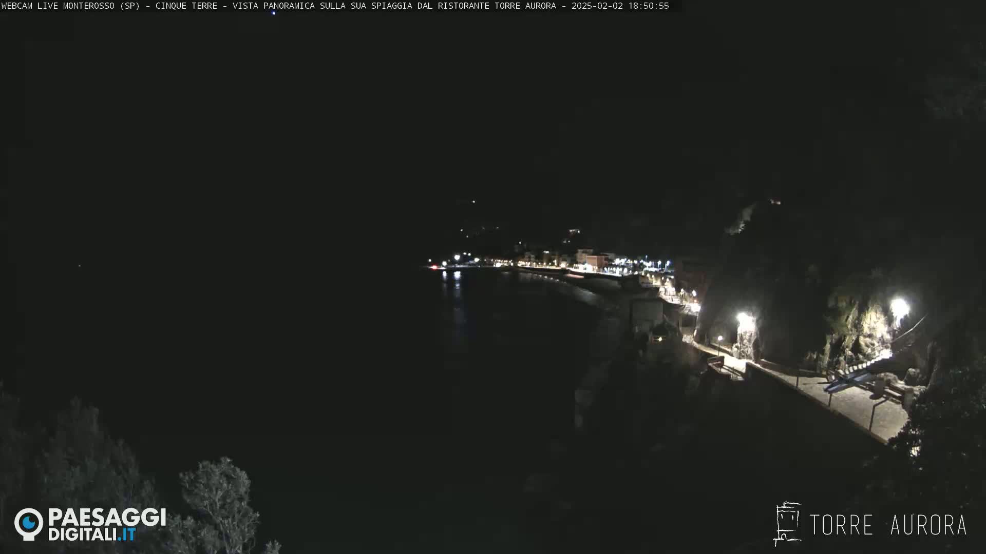 A nighttime, aerial view of a dimly lit coastal town with a dark body of water.