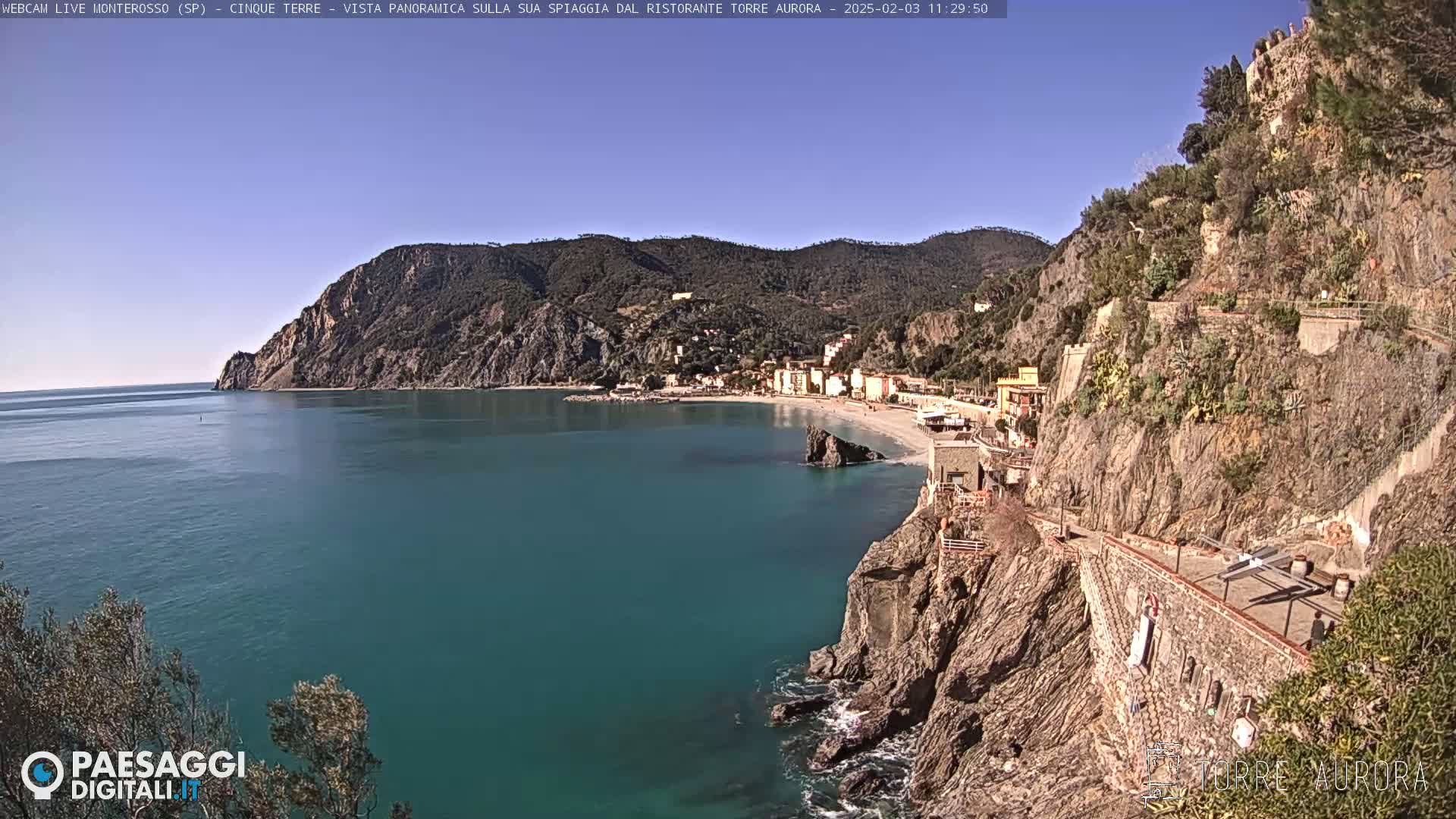 A panoramic view of a coastal town nestled between steep cliffs and a teal-colored sea on a clear, sunny day.