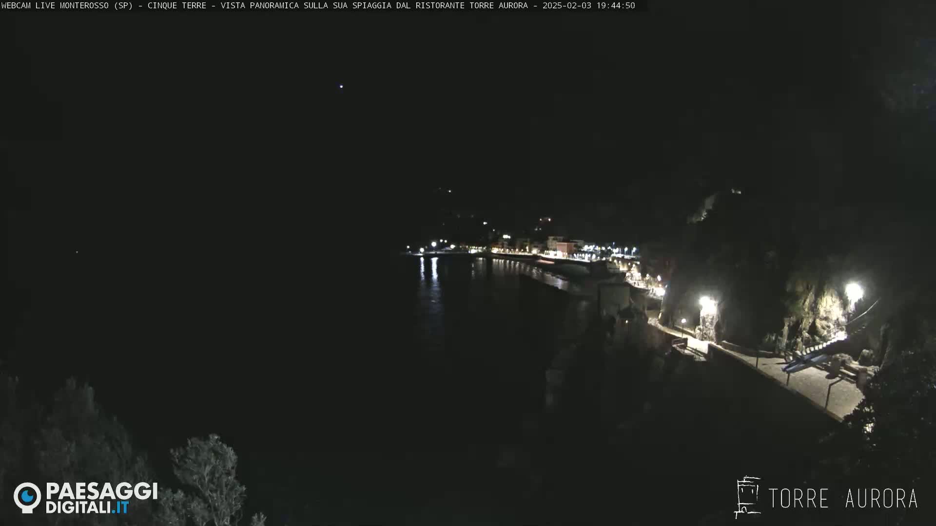 A nighttime, seaside town is illuminated with lights along a shoreline path, under a clear, dark sky.