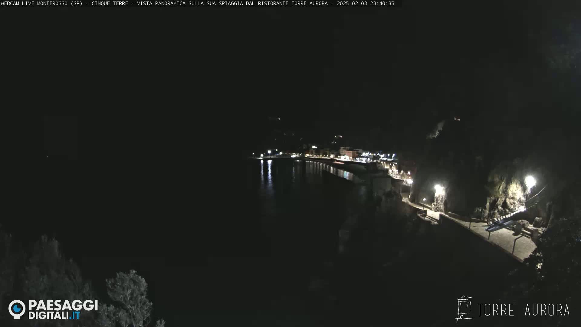 A nighttime, coastal scene shows a dark body of water reflecting lights from a dimly lit town built along a cliffside.
