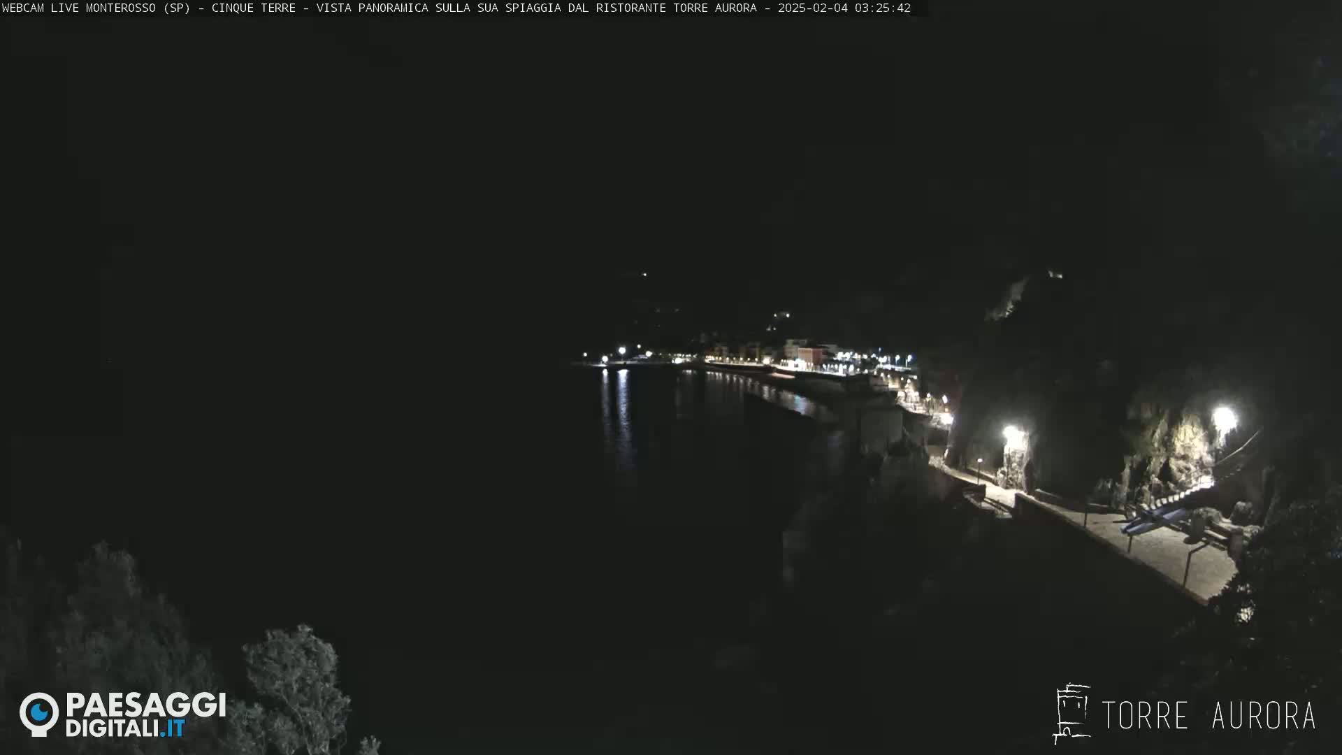 A nighttime, coastal town scene shows a dark body of water next to a dimly lit shoreline with buildings and pathways.