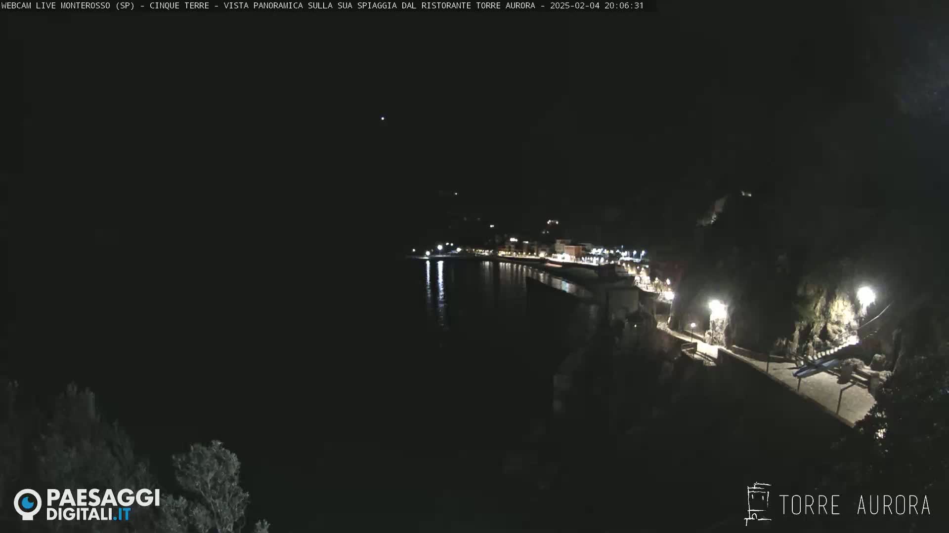 A nighttime, high-angle view shows a dark, calm body of water next to a dimly lit coastal town.