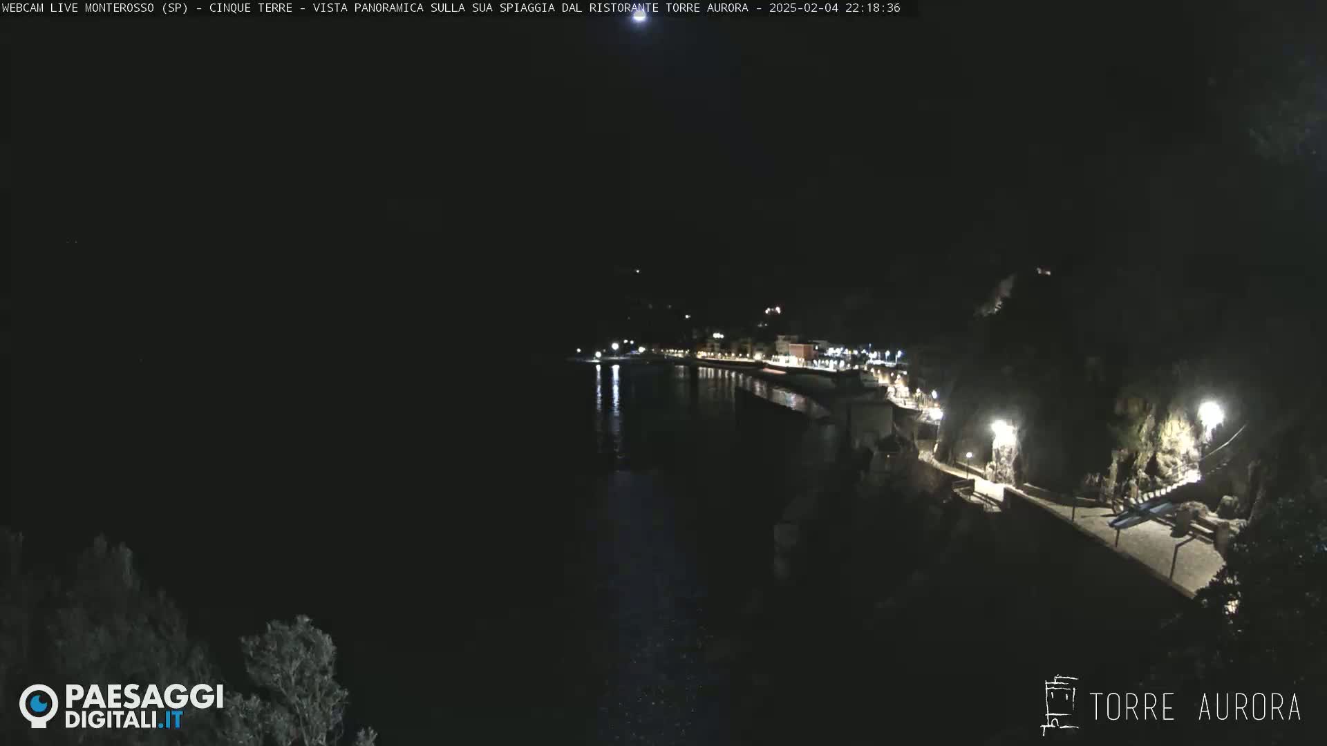 A nighttime view of a dark, calm body of water with a lit-up shoreline and buildings on a cliffside.