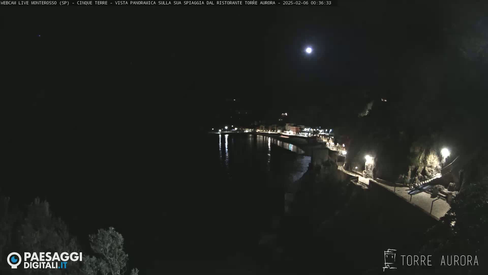 A nighttime coastal scene shows a moonlit town along a dark body of water, with lights illuminating a path along the shore.