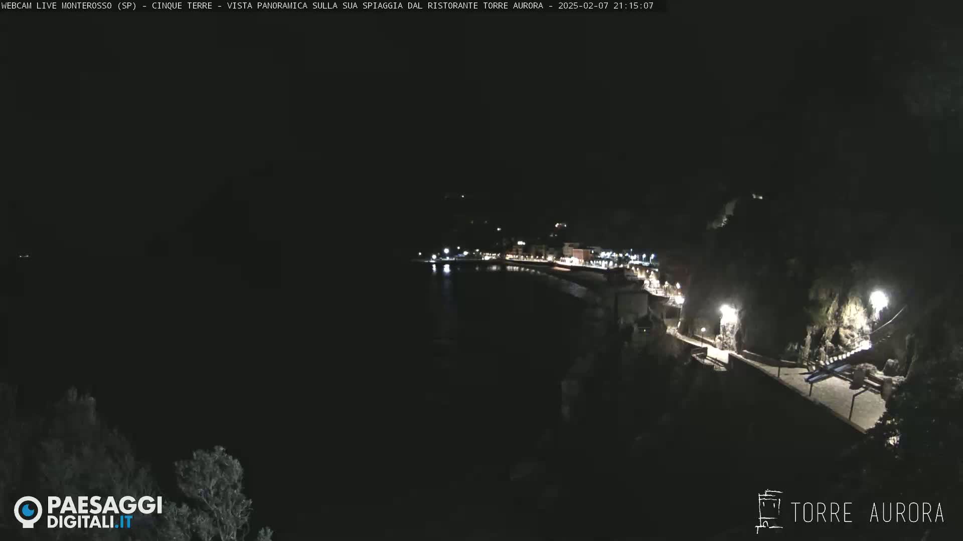 A nighttime, coastal scene shows a dark body of water next to a dimly lit town built into a hillside.