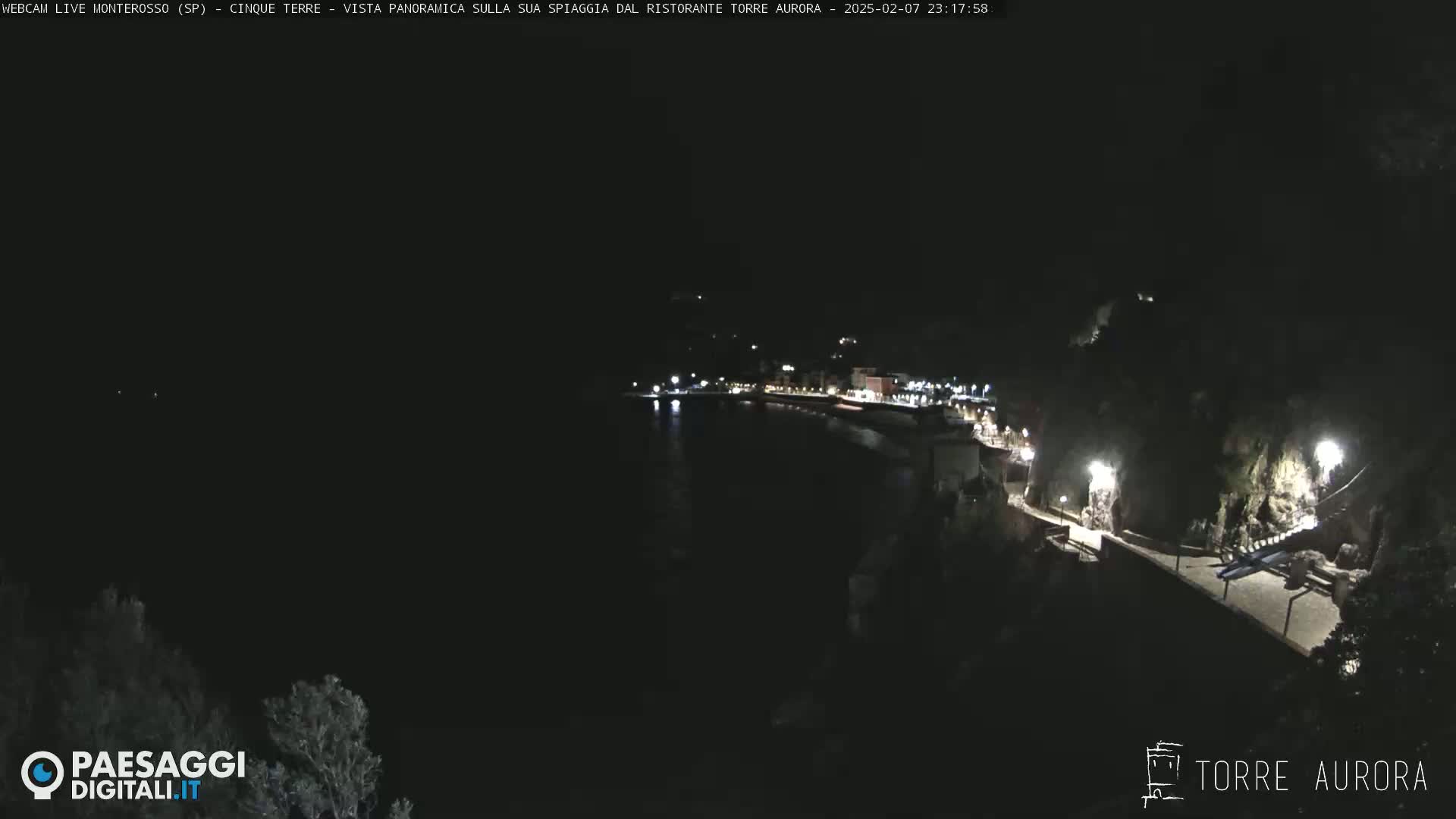 A nighttime, coastal view shows a dark body of water next to a dimly lit town built into a hillside.