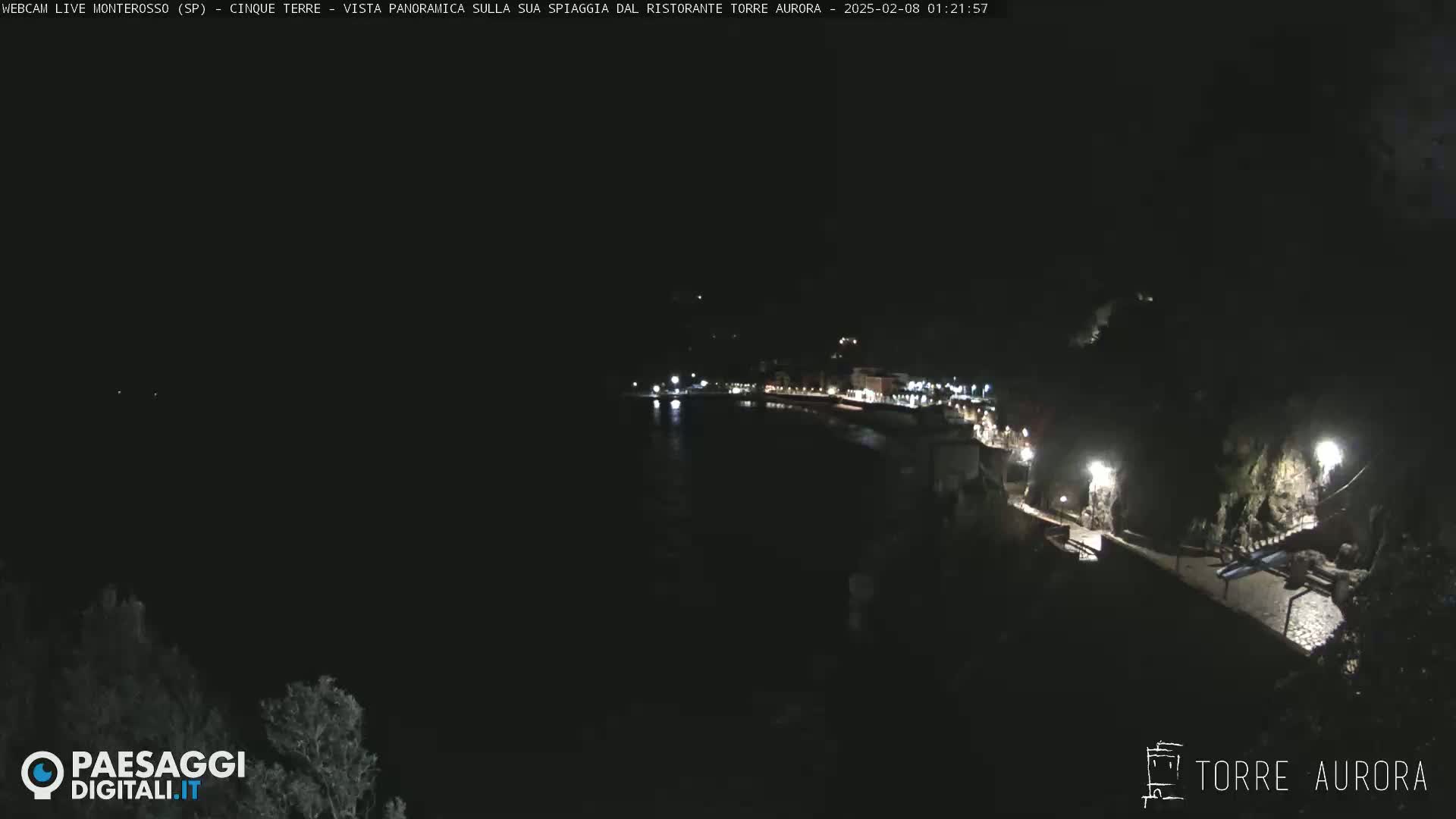 A nighttime, aerial view of a dimly lit coastal town with a dark body of water.