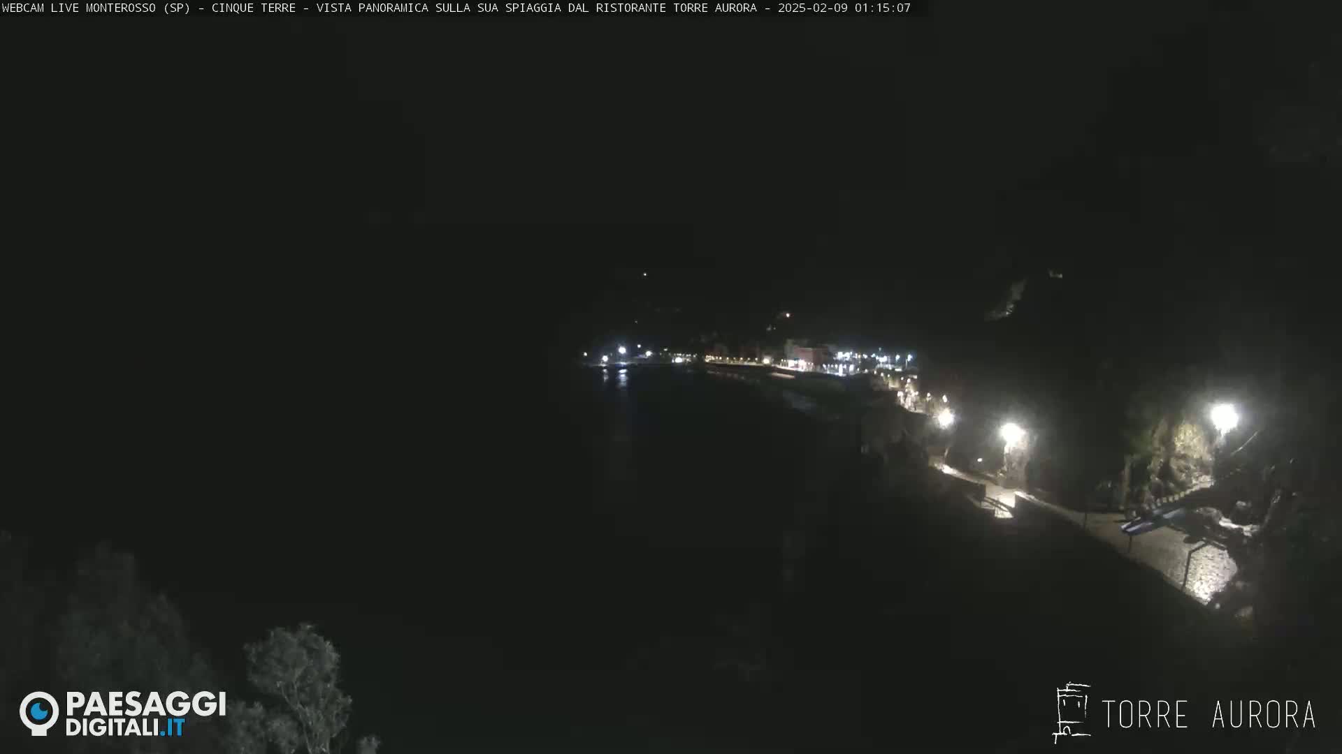 A nighttime, dimly lit coastal town is seen from an elevated vantage point, with dark water in the foreground.