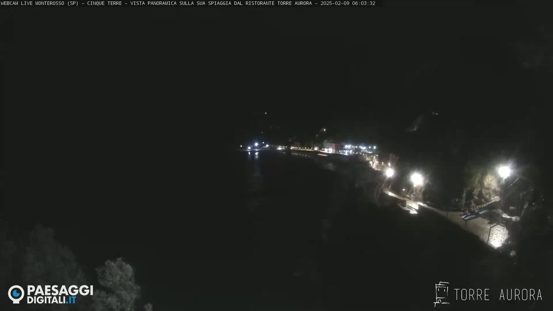 A nighttime, overhead view of a dimly lit coastline with a dark body of water.