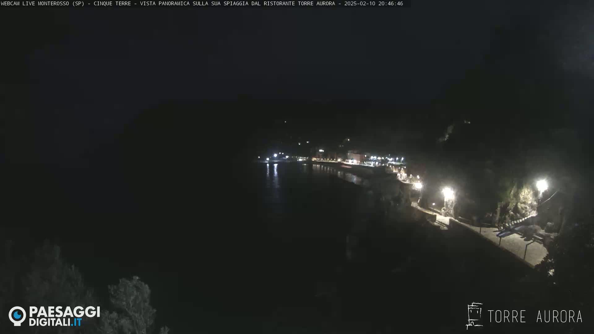 A nighttime, high-angle view of a dark coastline with a few lights illuminating a walkway and buildings near a body of dark water.
