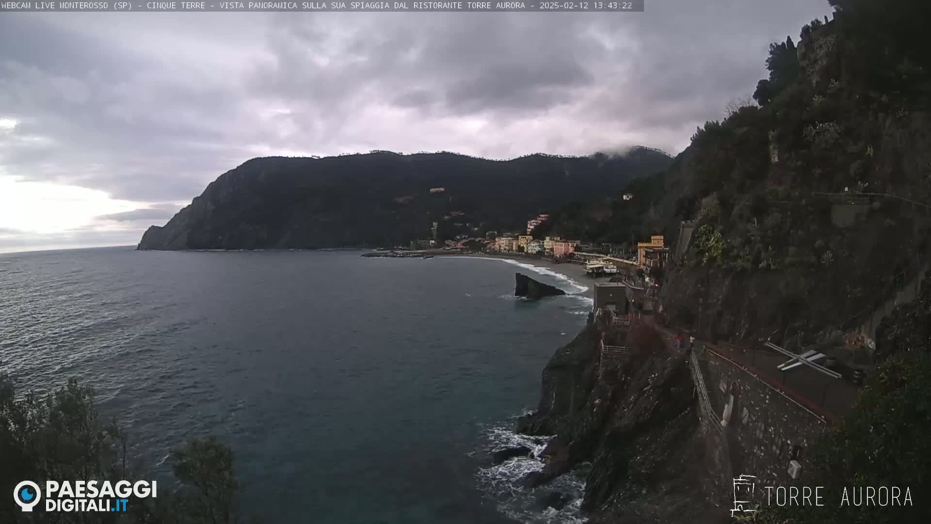A coastal town with buildings clinging to a cliffside overlooking a dark, calm sea under an overcast sky.