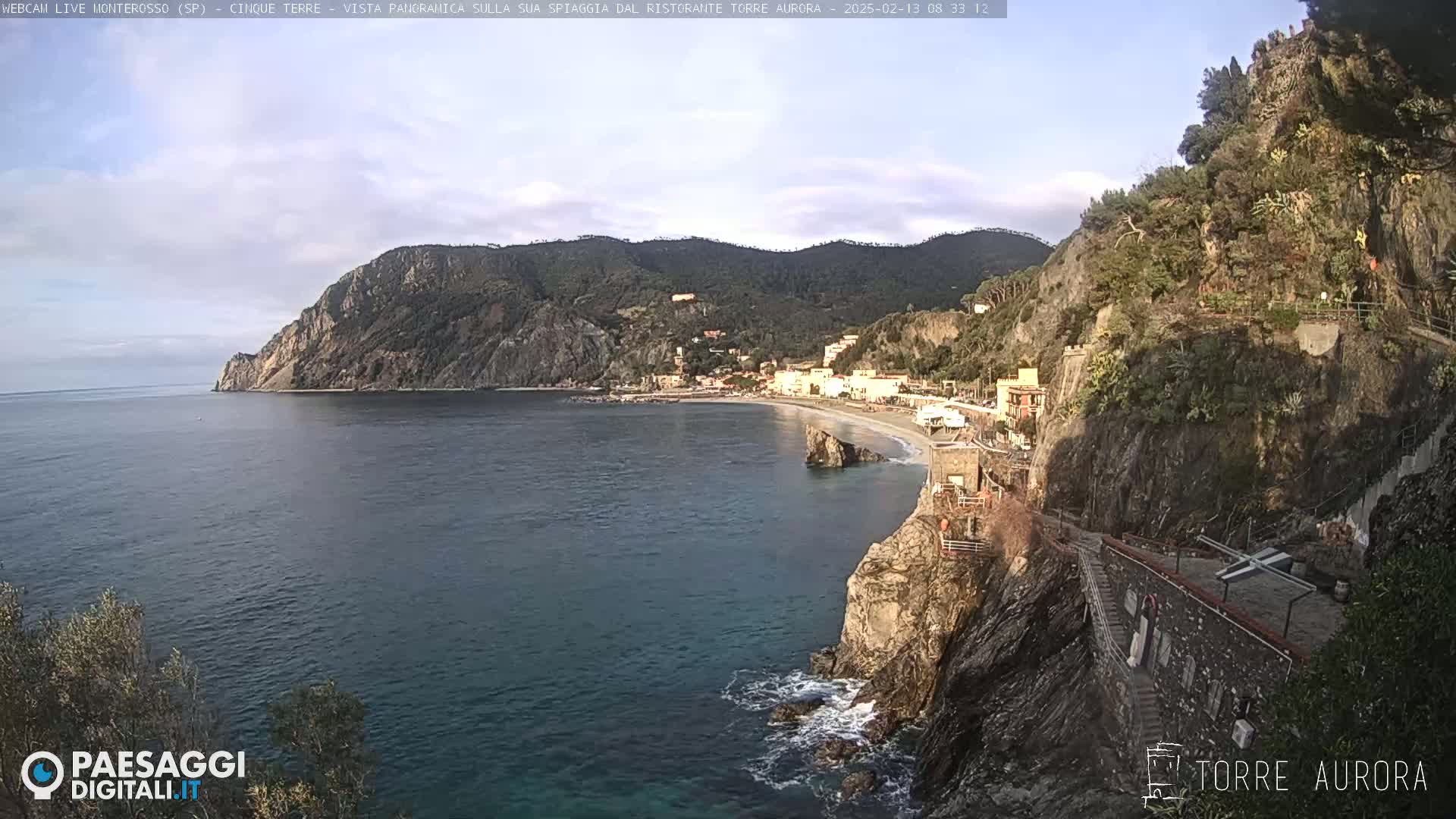 A coastal town nestled between steep cliffs and a calm sea under a mostly clear sky.