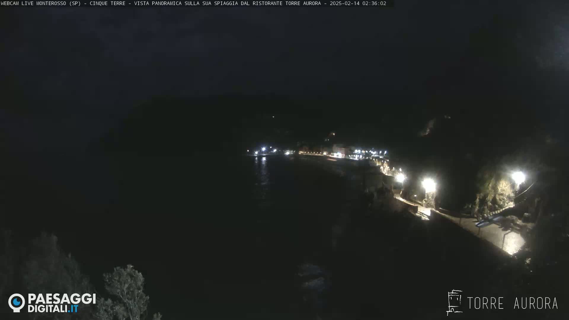 A nighttime, panoramic view of a dimly lit coastline with a dark body of water.