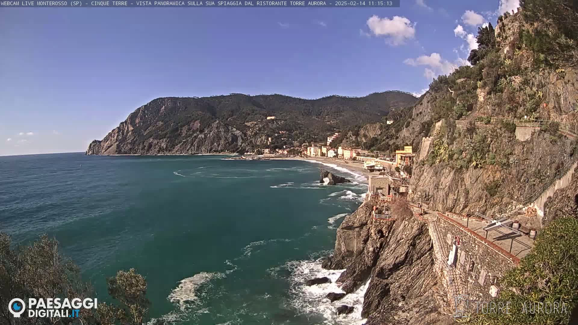 A coastal town nestled between rocky cliffs and a teal sea on a sunny day with a few clouds.