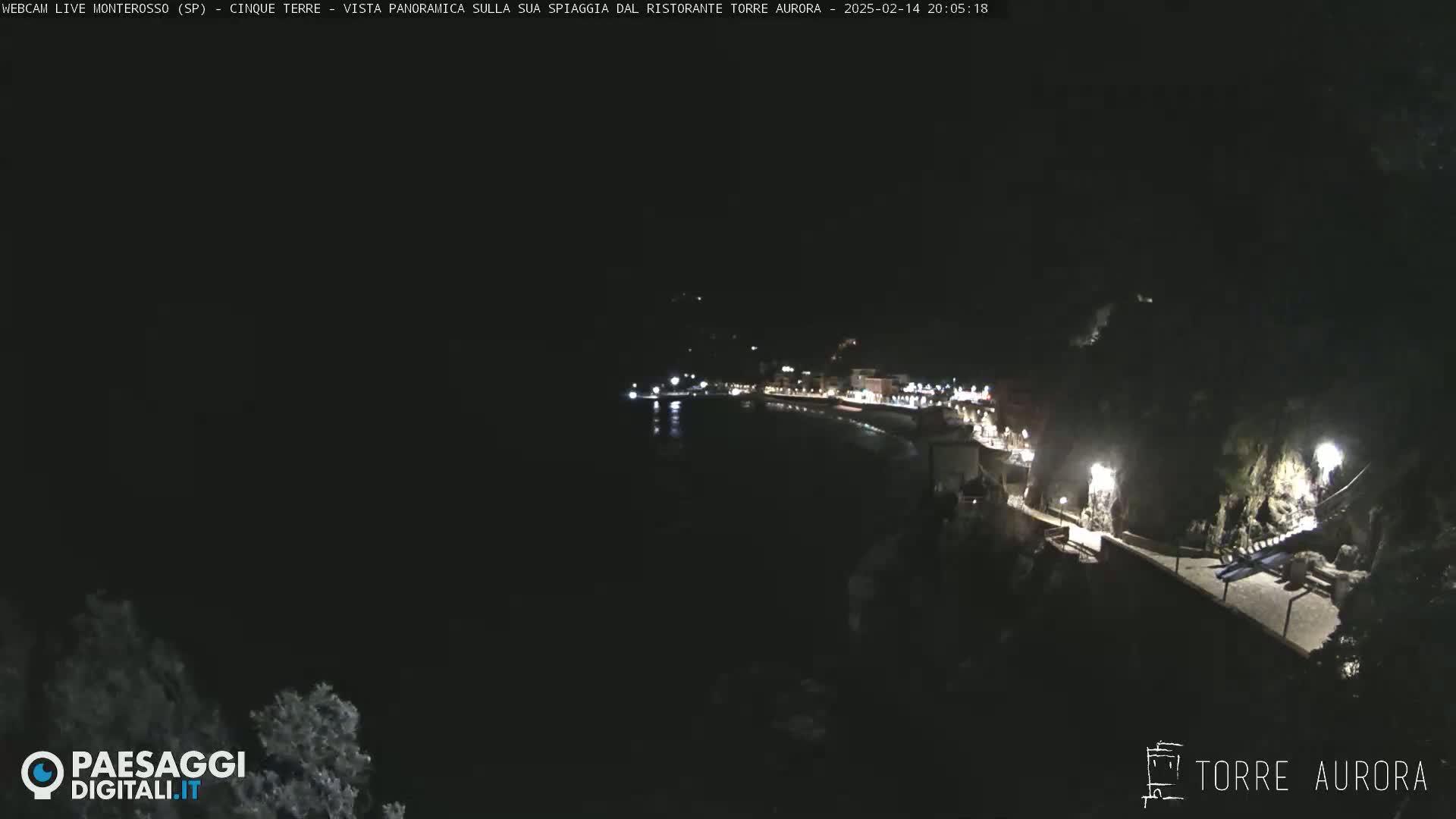 A nighttime, low-angle view of a dimly lit coastal town with a dark body of water and a paved walkway along a cliffside.