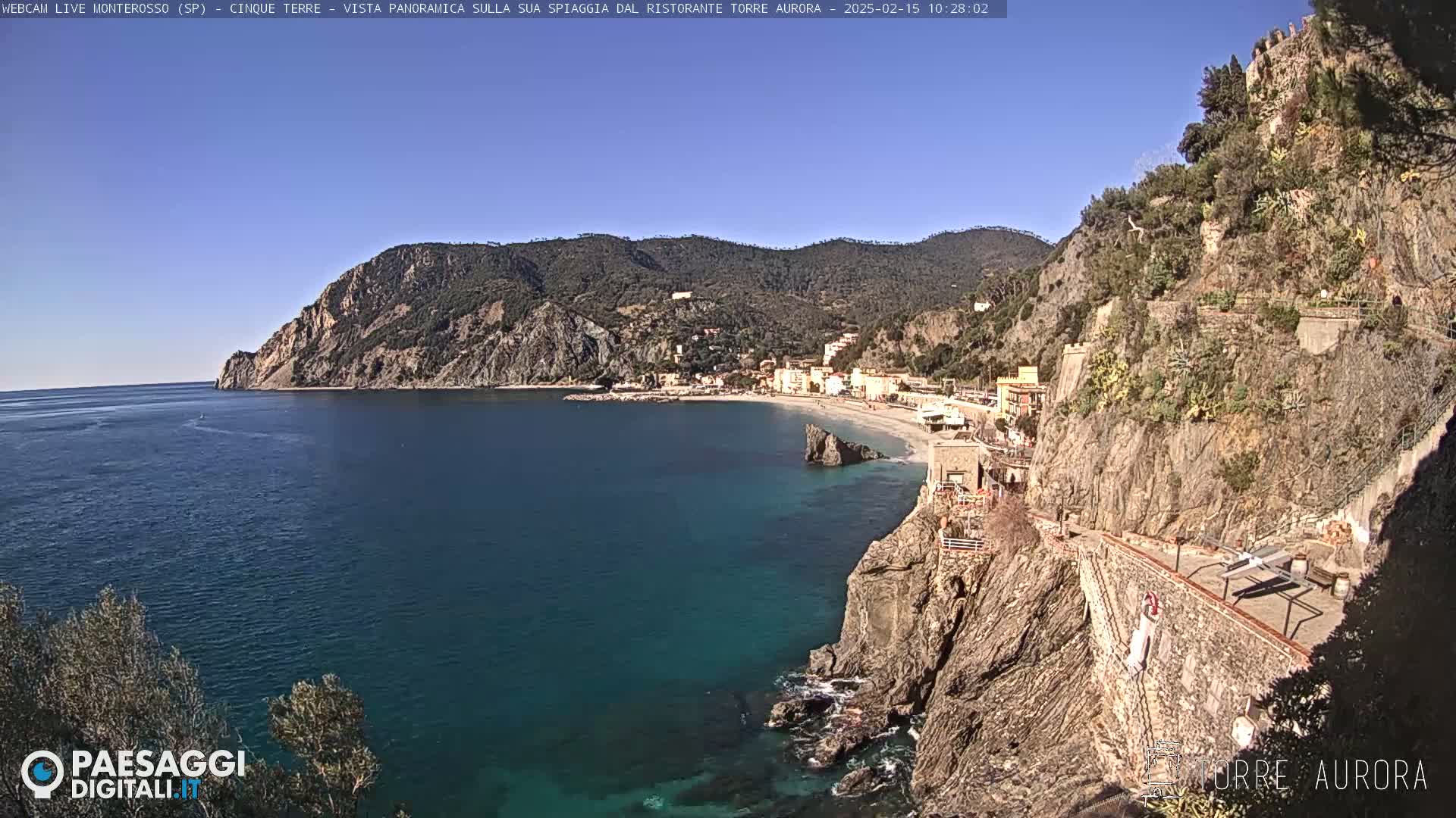 A sunny coastal scene shows a calm, teal ocean lapping against rocky cliffs, with a small town and beach nestled in a cove.