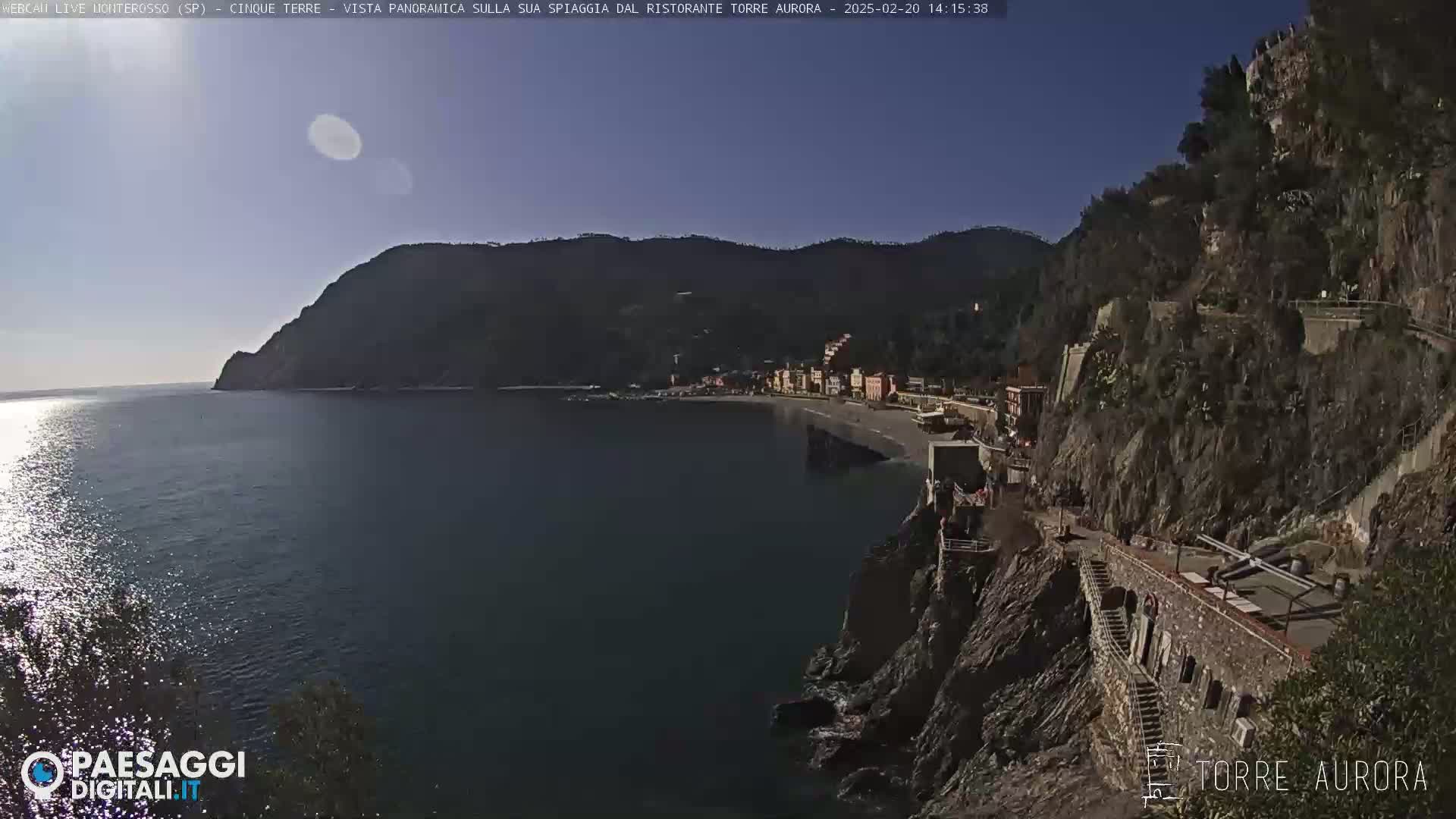 A clear, sunny day shows a coastal town nestled between dark green hills and a calm, dark blue sea.