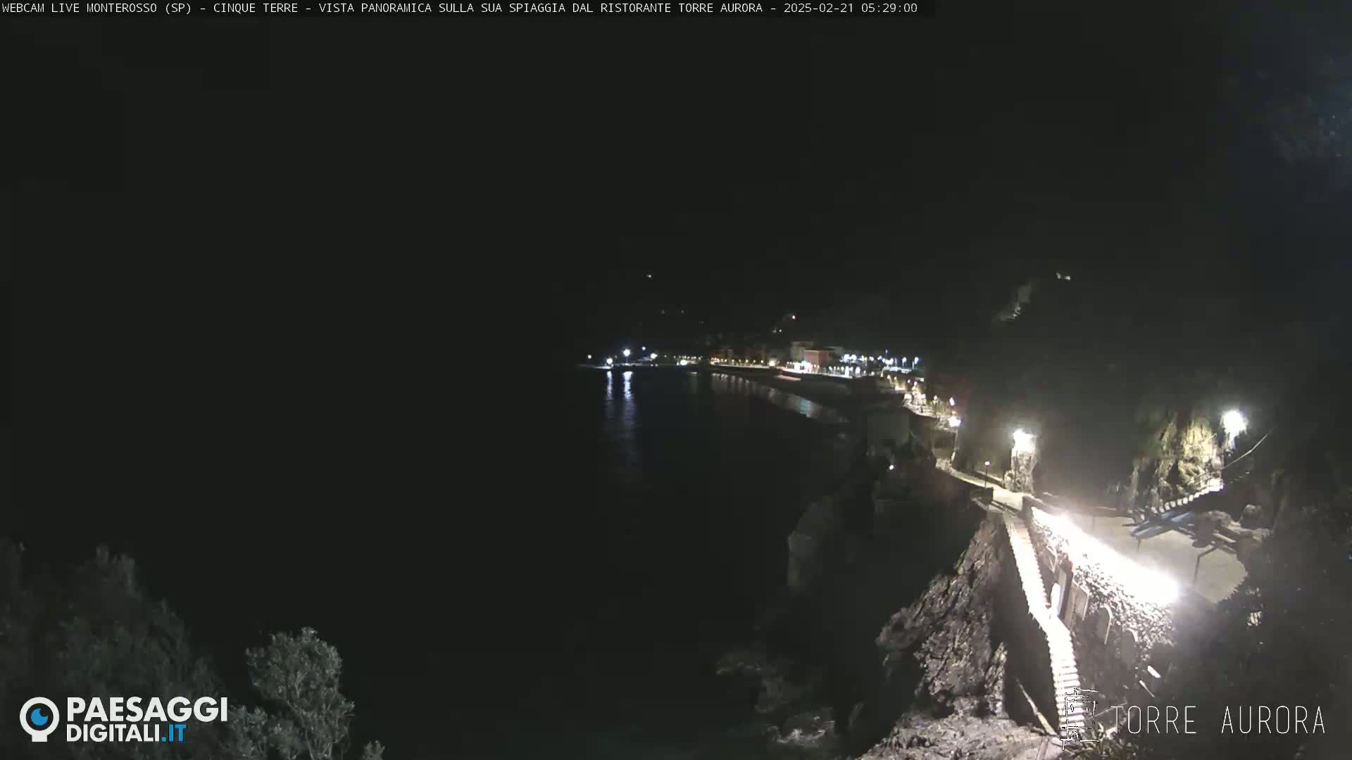 A nighttime, coastal scene shows a dark ocean reflecting lights from a town built along a cliffside, with a set of stairs leading down to the water.