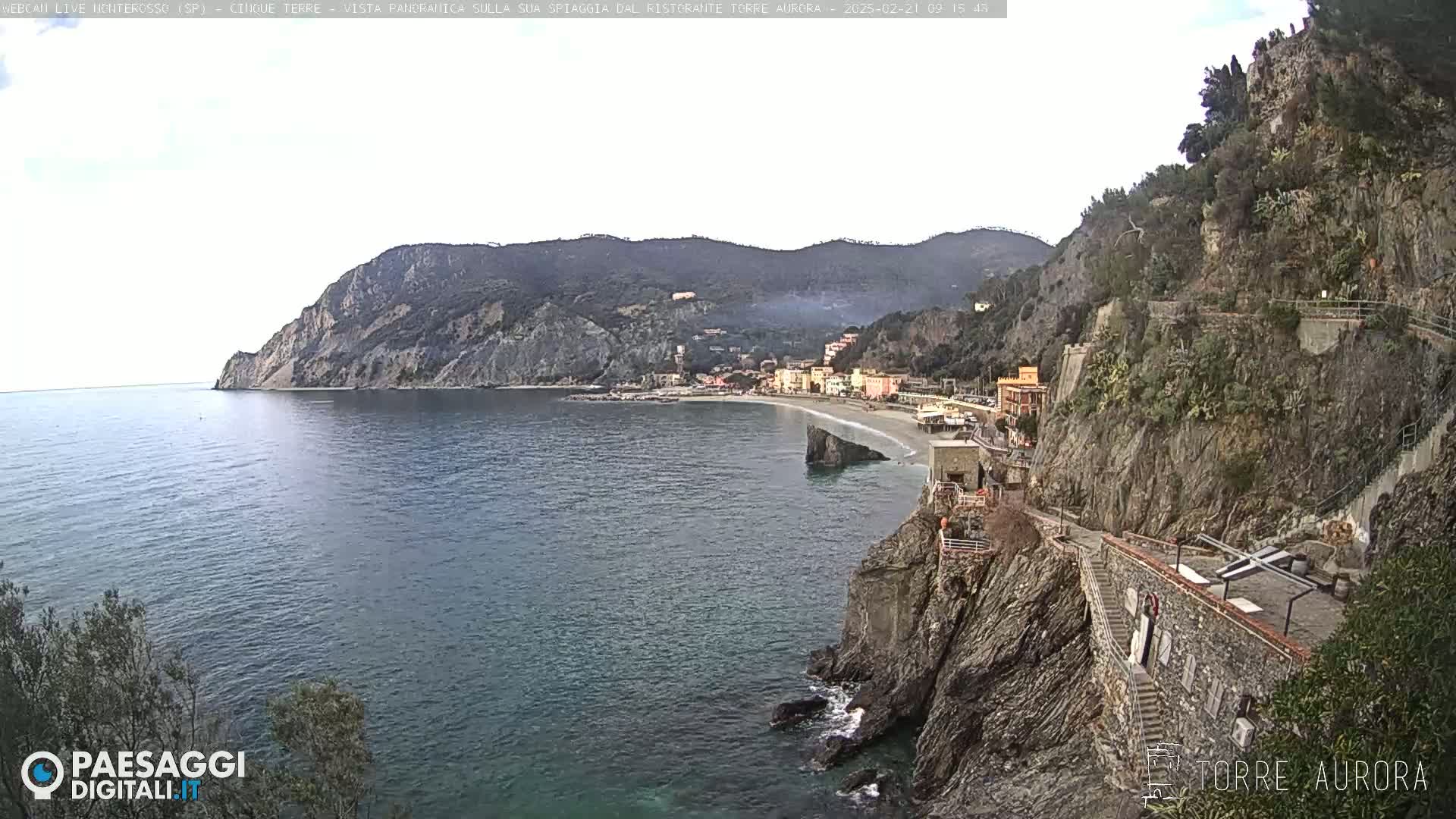 A coastal town nestled between steep cliffs and a calm sea under a mostly clear sky.