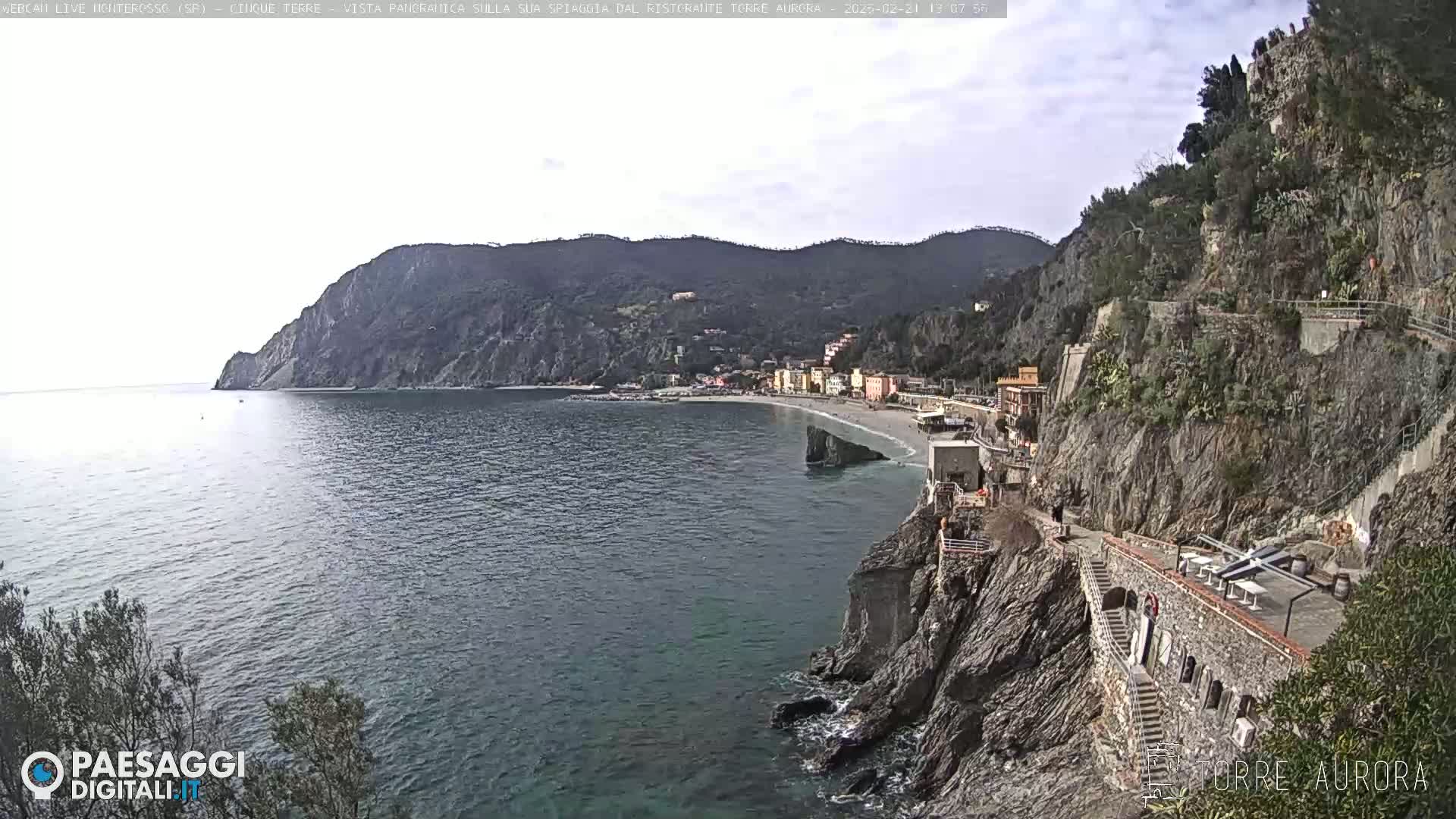 A coastal town nestled between steep cliffs and a calm sea under a mostly clear sky.