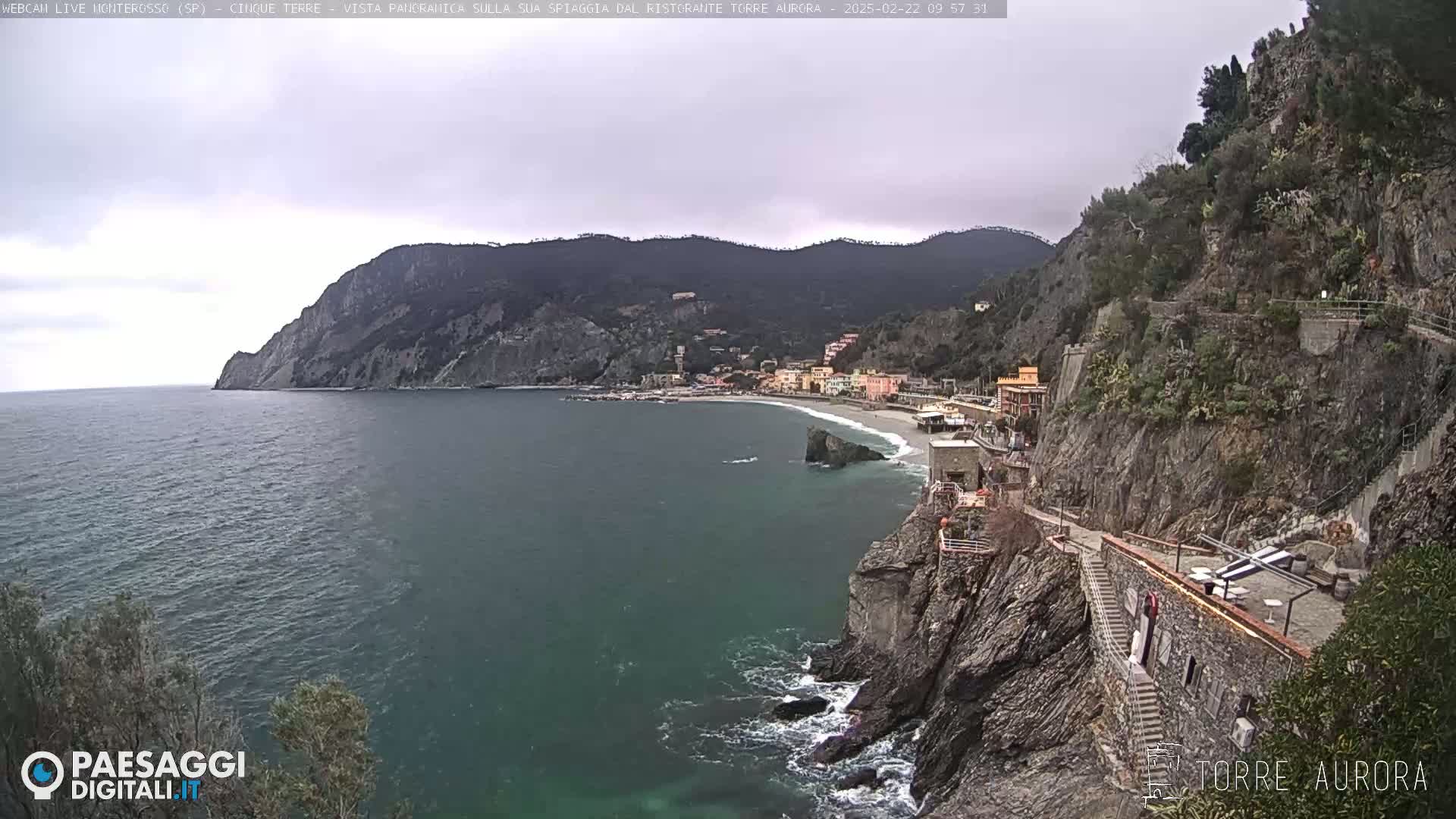 A coastal town nestled between rocky cliffs and the sea on an overcast day.