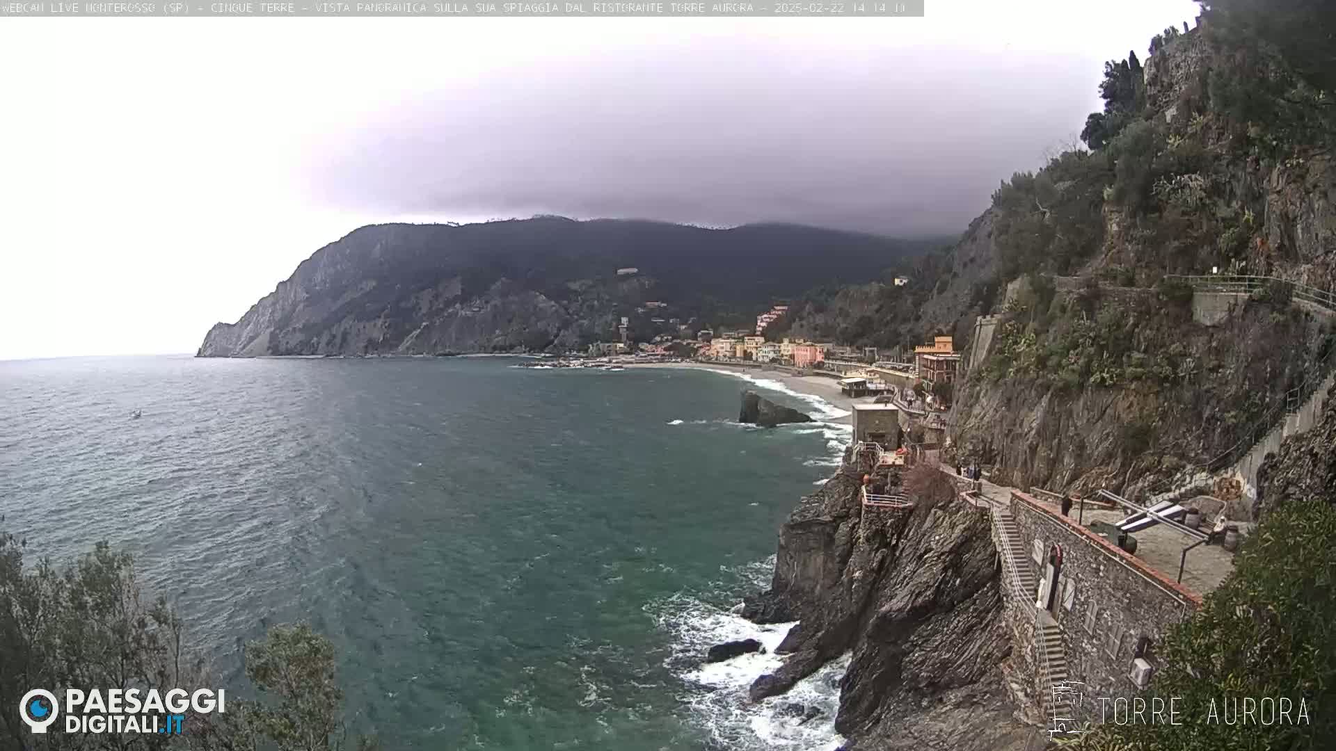 A coastal town nestled between dark, rocky cliffs and a sea with small waves under an overcast sky.