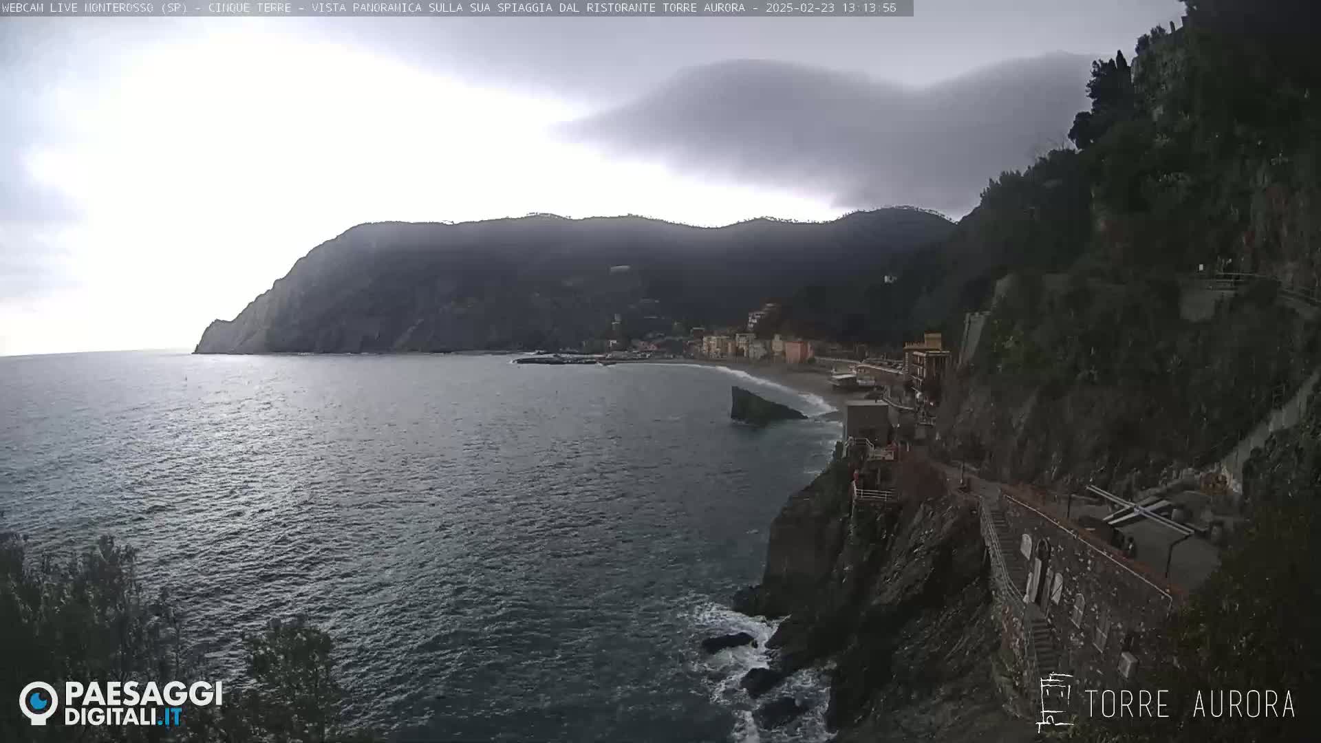 A coastal town nestled between dark cliffs and a calm, gray sea under an overcast sky.