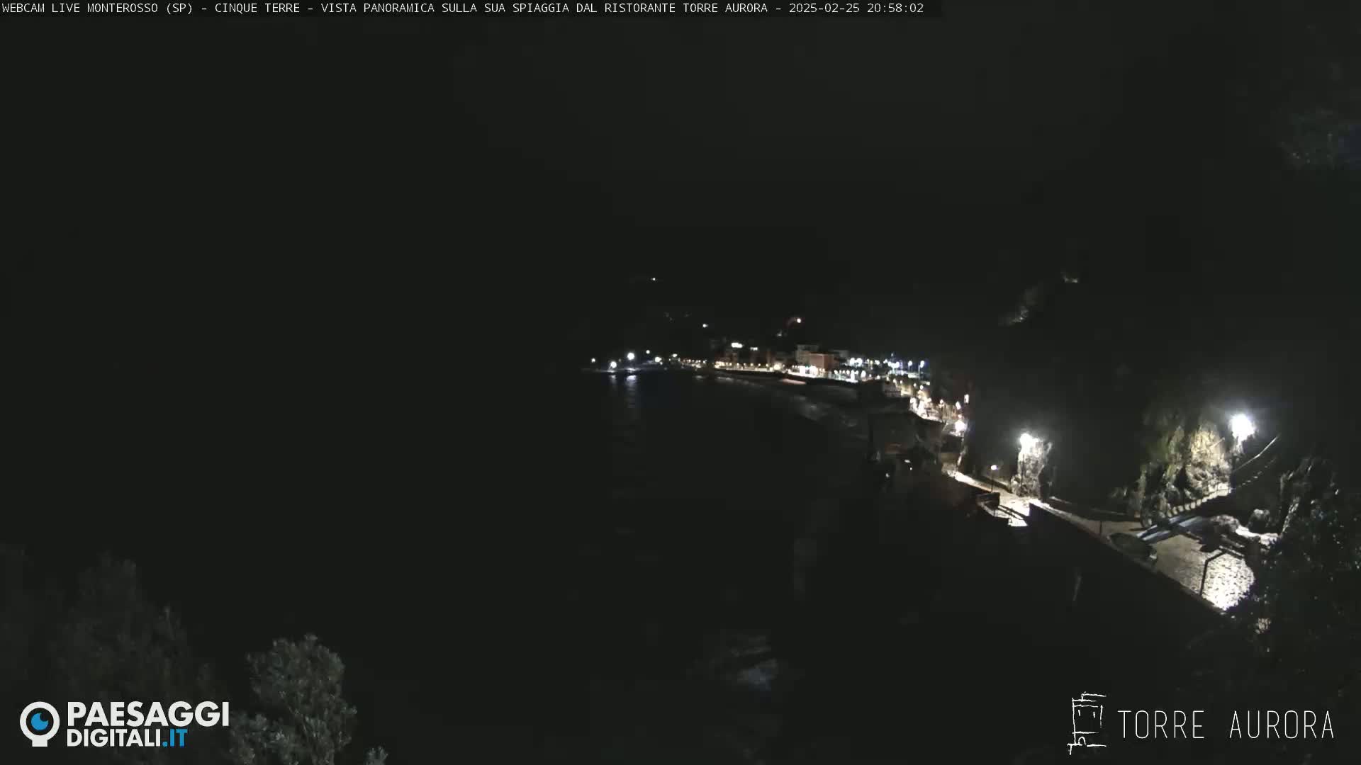 A nighttime, panoramic view of a dark coastline with a few lights illuminating buildings and a walkway along the shore.