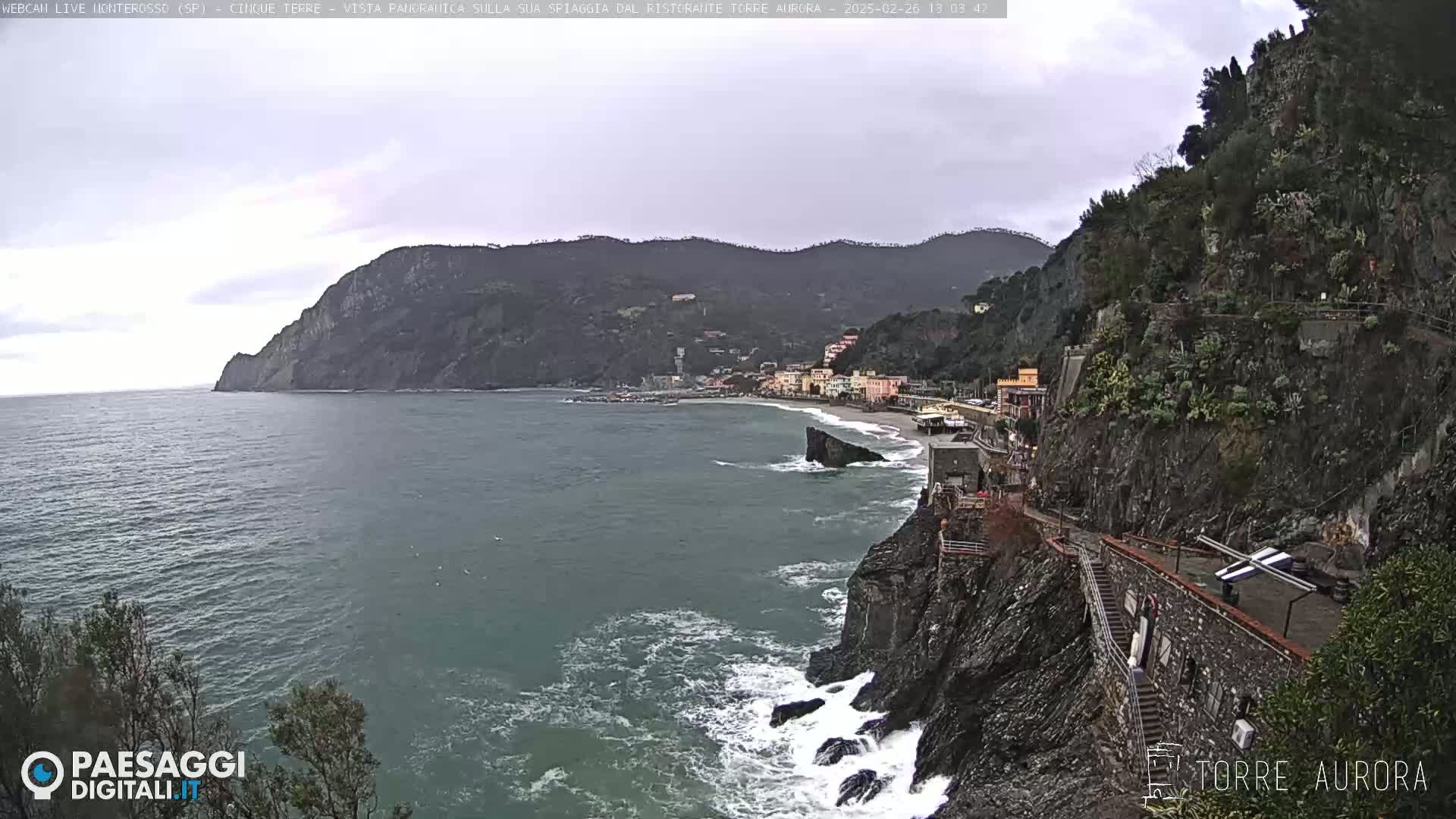 A coastal town nestled between a rocky cliff and the sea on an overcast day, with waves crashing against the rocks.
