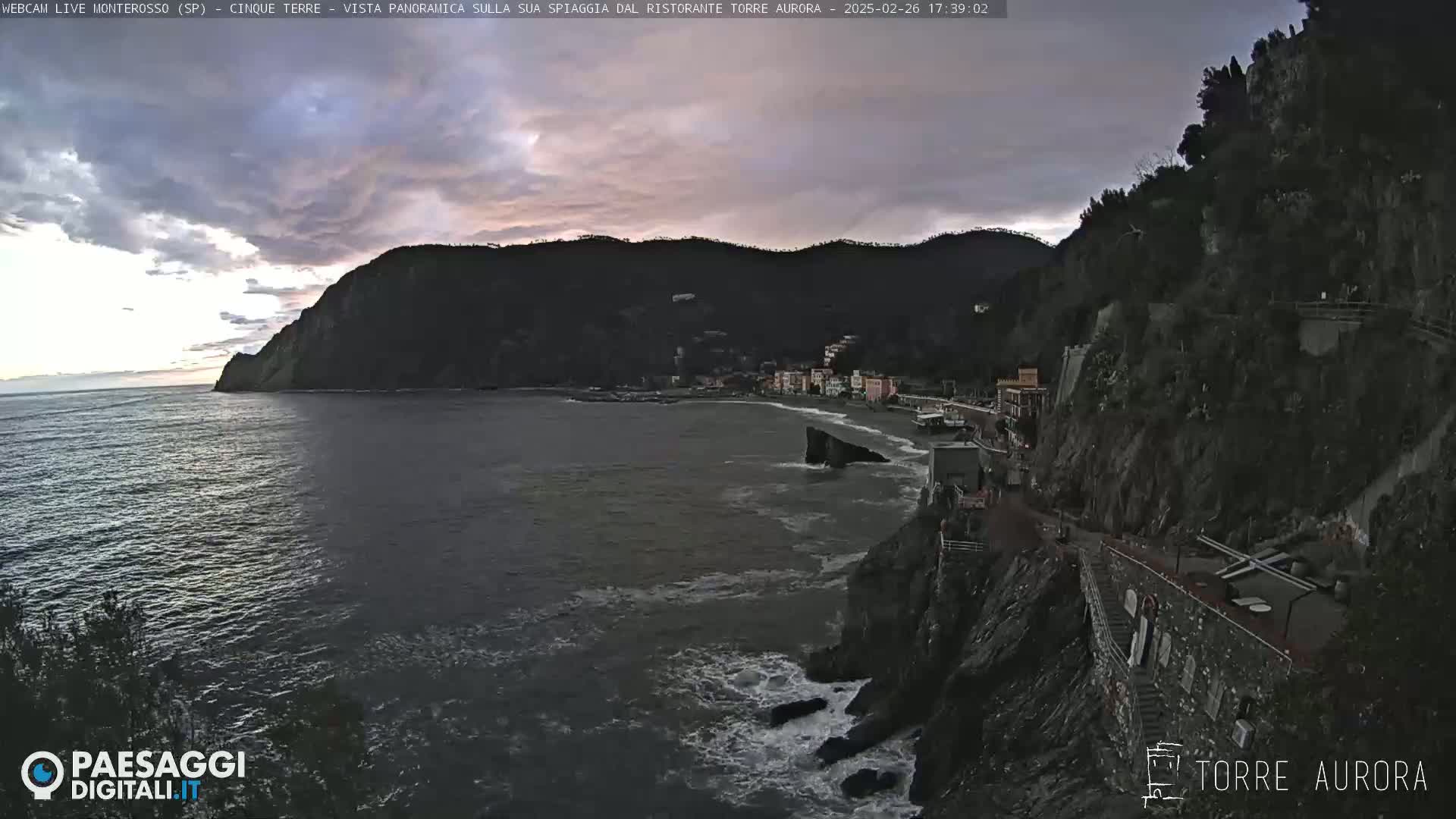 A coastal town nestled between dark hills and a calm sea under a mostly cloudy, dusky sky.
