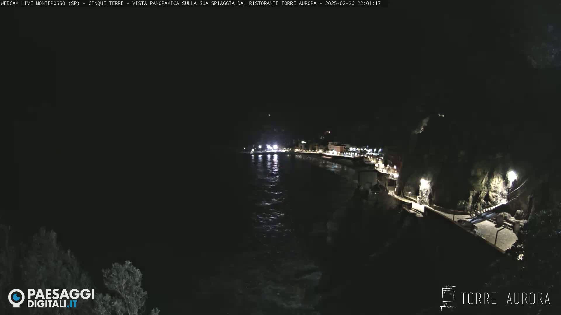 A nighttime view of a dark, calm ocean next to a brightly lit coastal town.