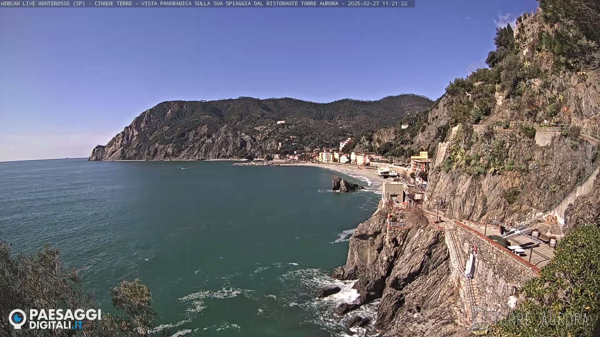 A coastal town nestled between a steep, rocky cliff and a calm, teal sea under a clear blue sky.