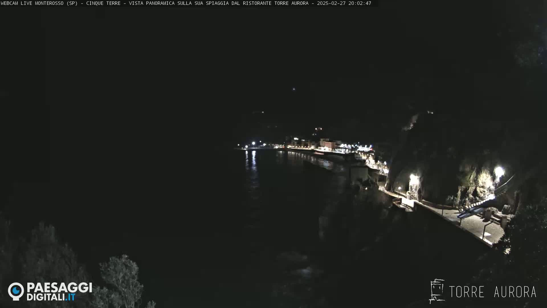 A nighttime, panoramic view of a coastal town's shoreline and buildings illuminated by artificial lights.