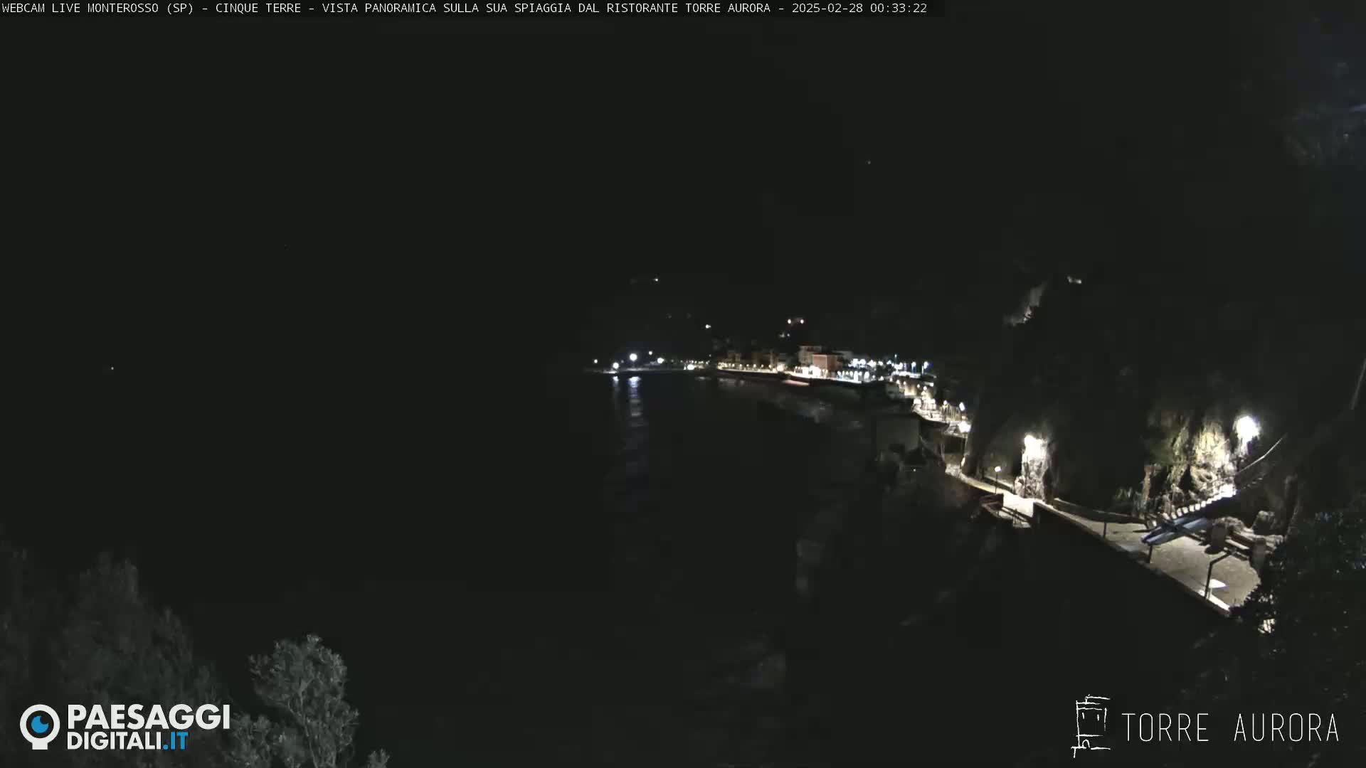 A nighttime, panoramic view of a coastal town with dimly lit buildings and a dark body of water.