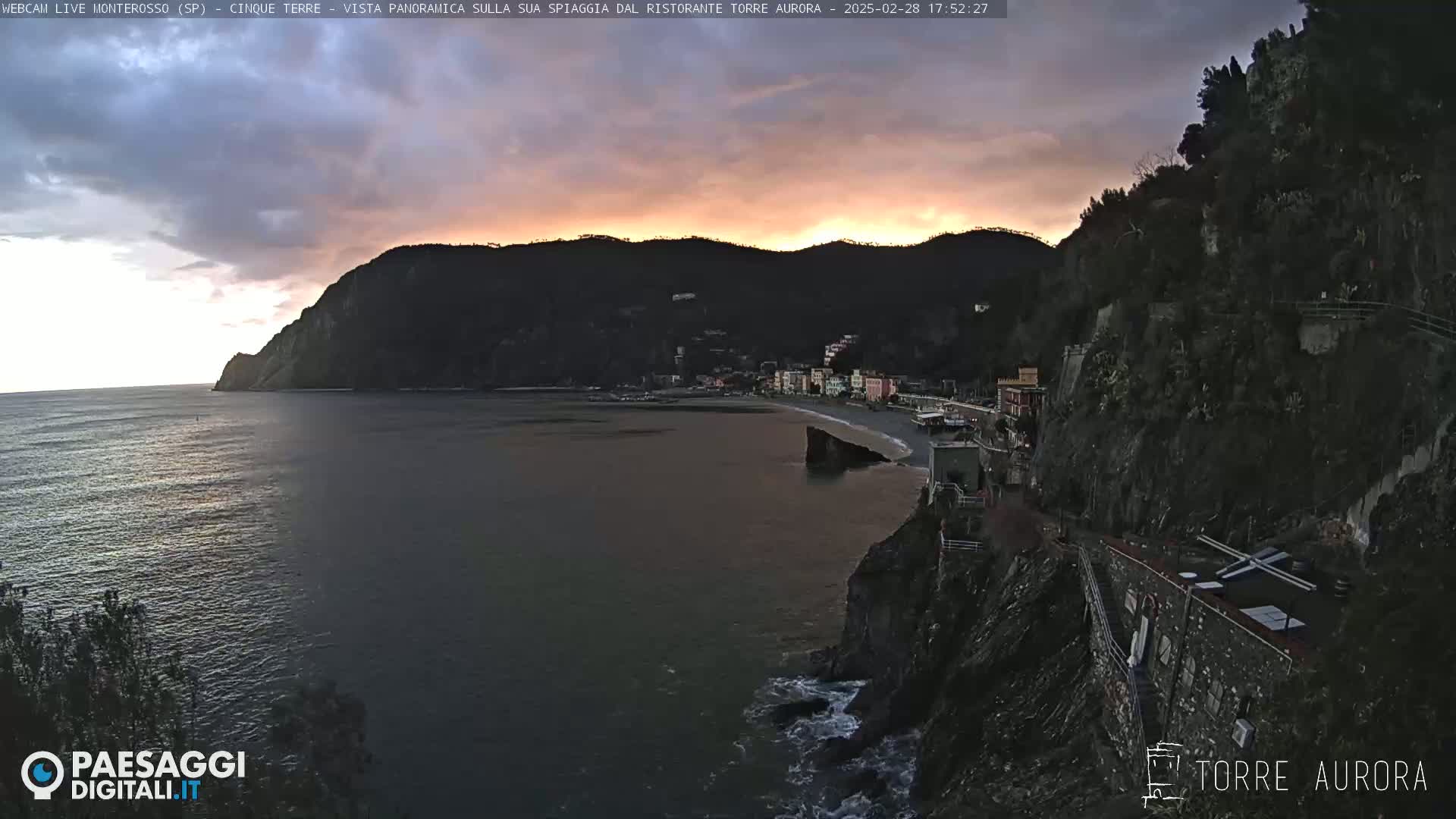 A coastal town nestled between dark hills and a calm sea under a dusky, sunset sky.