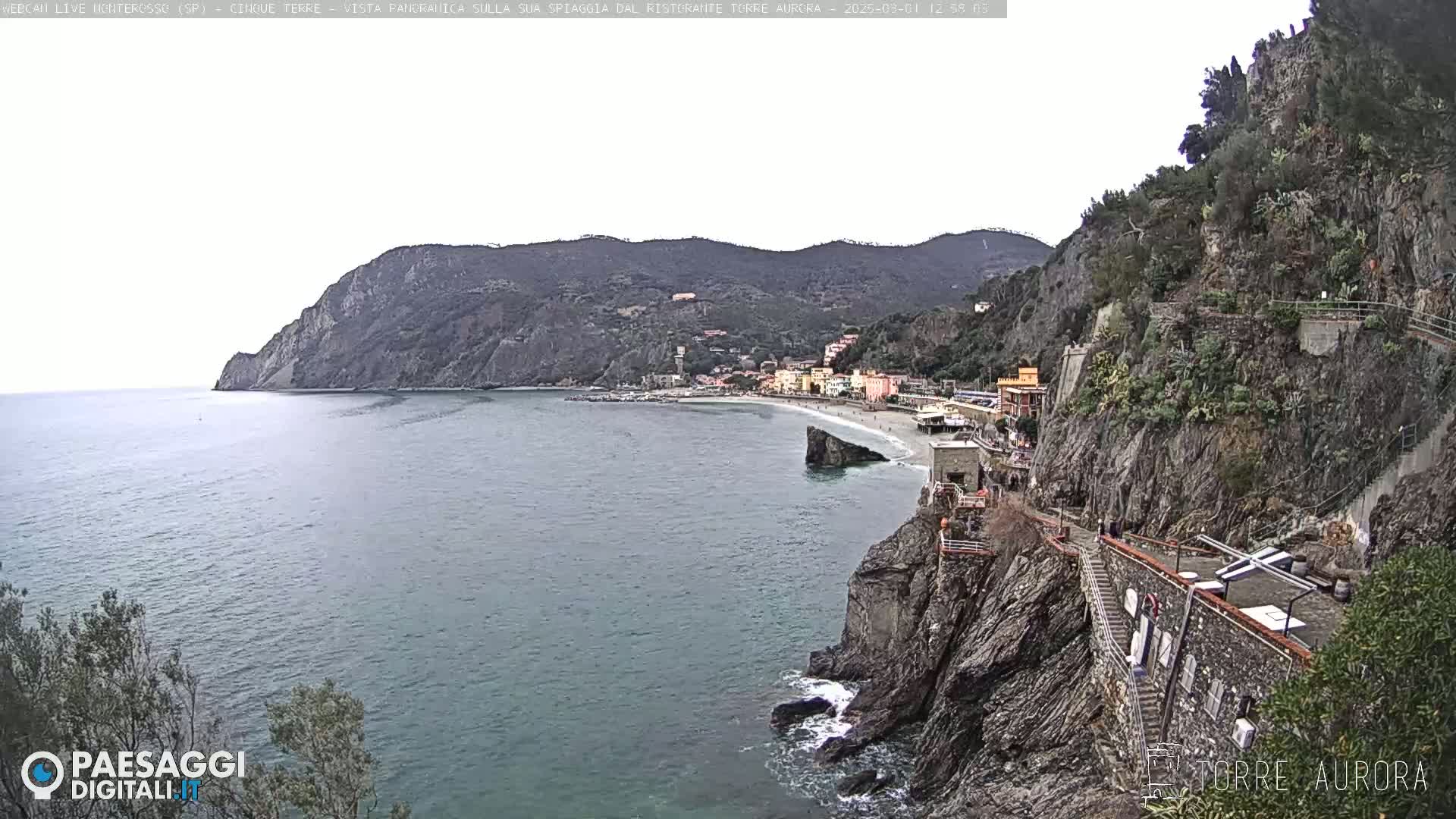 A coastal town nestled between rocky cliffs overlooks a calm sea under an overcast sky.